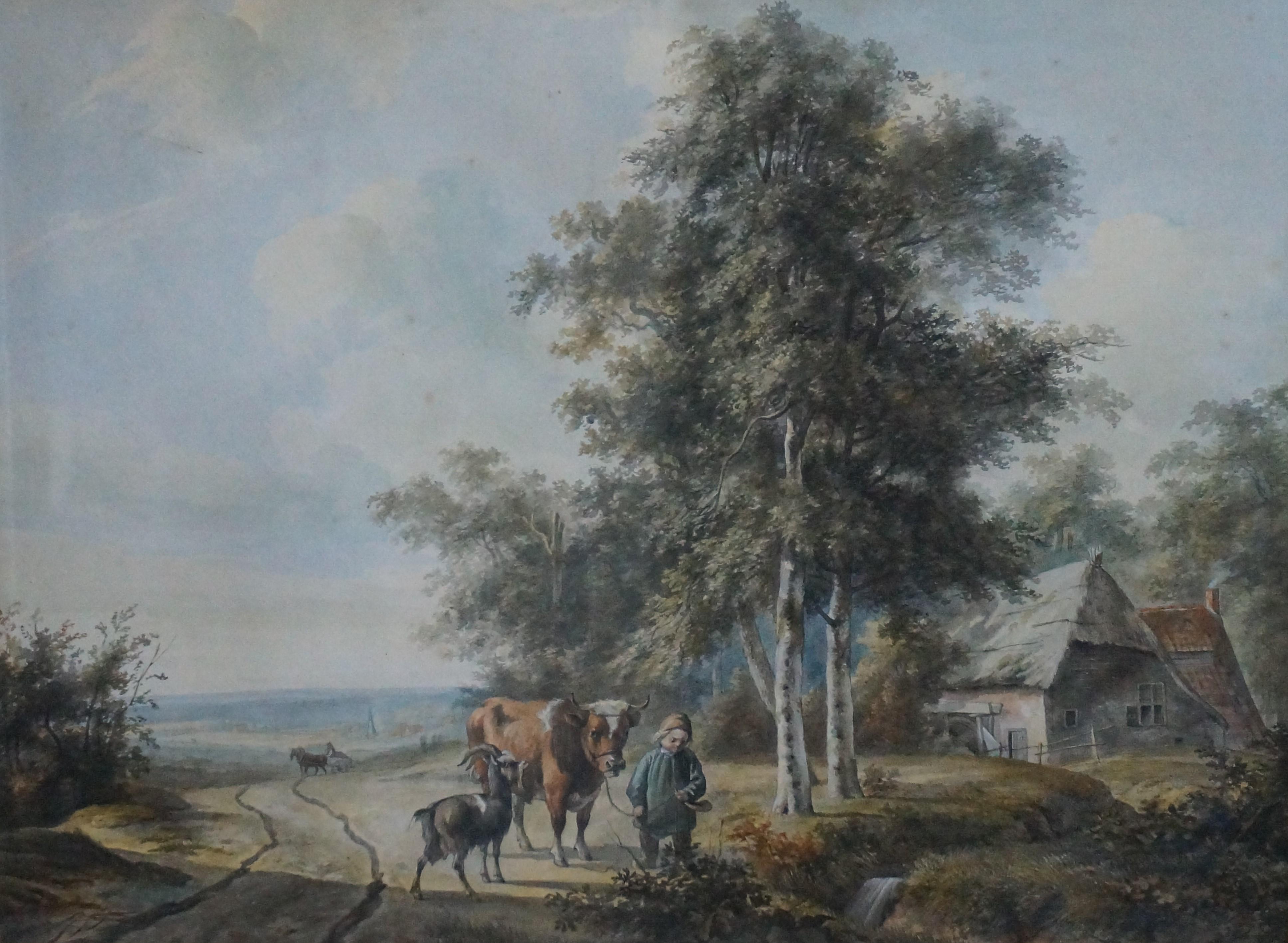 Abraham Hendrik Winter Animal Art - Landscape with cattle in watercolor