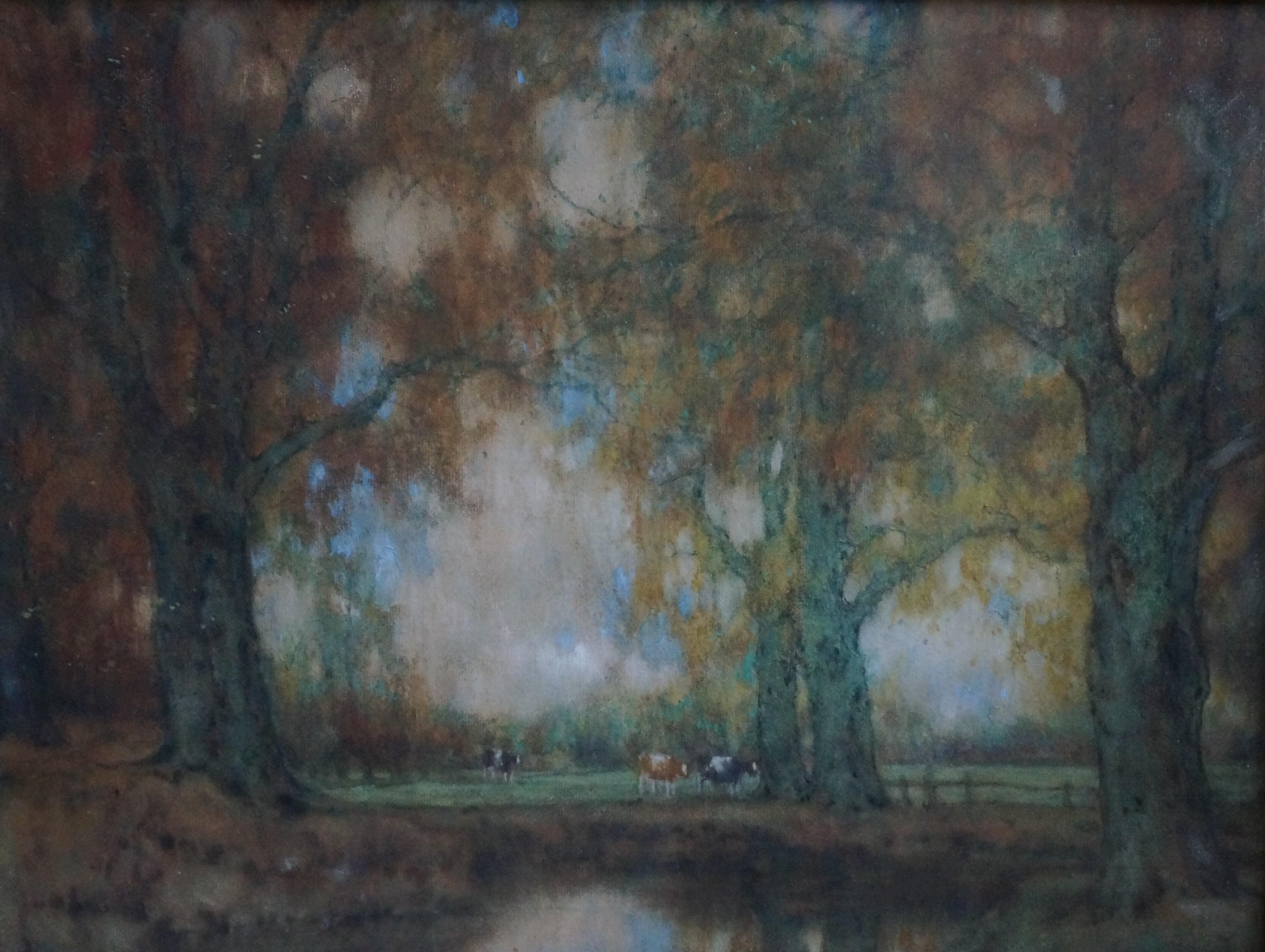 Arnold Marc Gorter Landscape Art – Niederländische Landschaft mit wachsenden Kühen in der Nähe des Waldes, Aquarell, impressionistisch