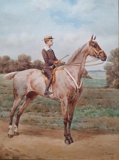 Teenager on horseback in summer landscape, Equestrian, late 19th century