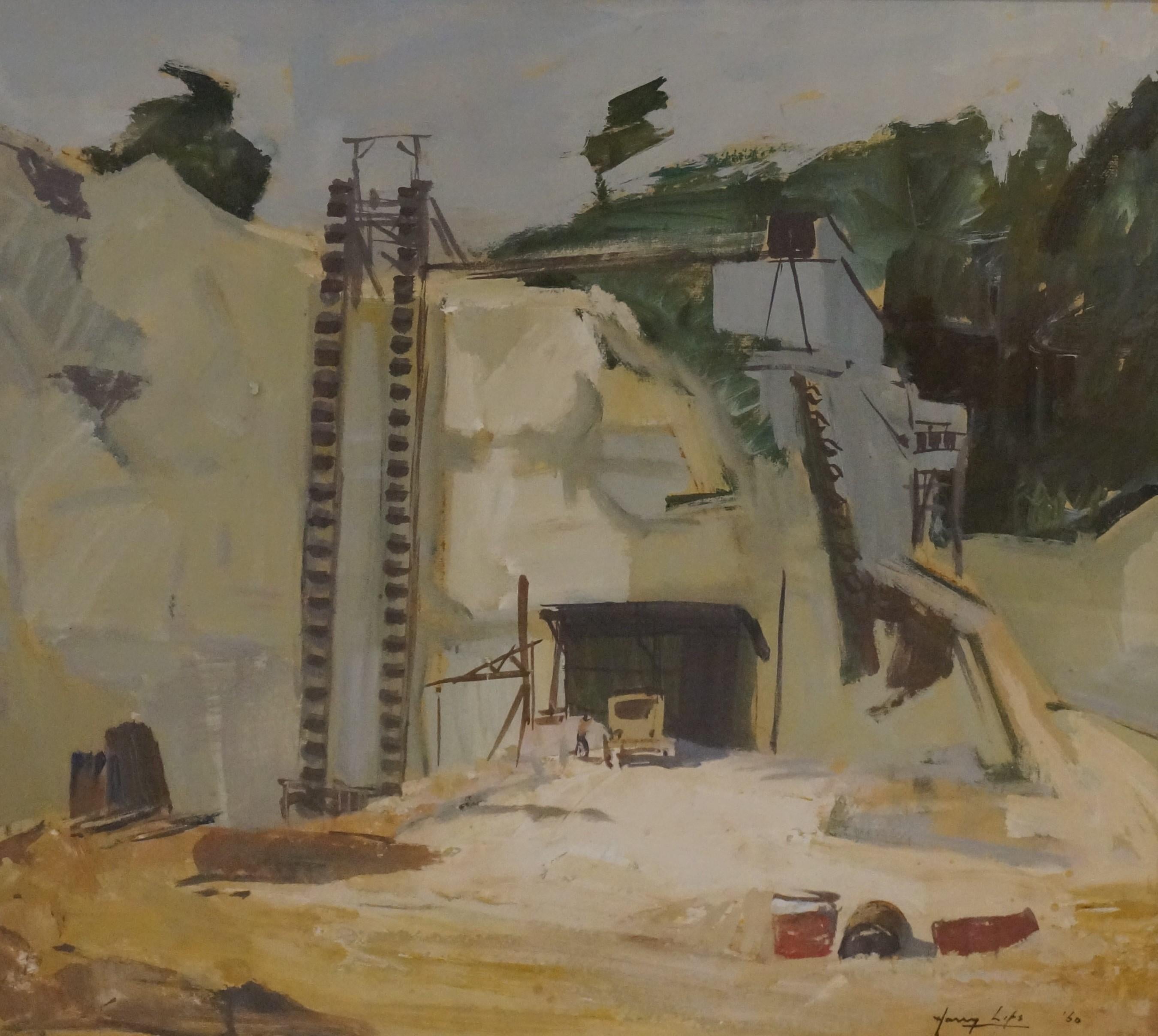 Quache on paper depicting a lime quarry, mine, 1960 - Art by Harry Lips