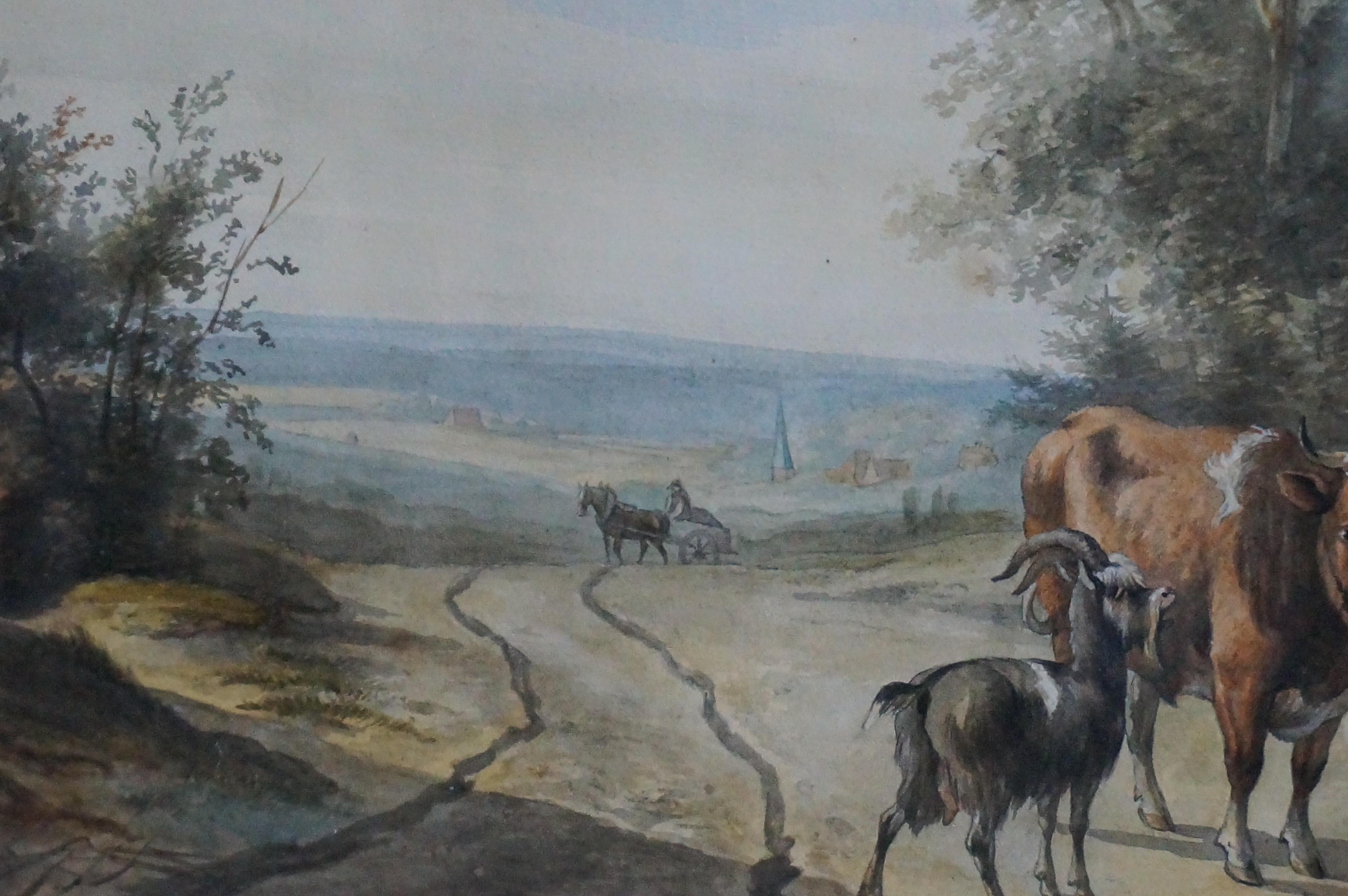 Diese wunderschön ausgeführte Landschaft mit Rindern in Aquarell wurde von Abraham Hendrik Winter (1800-1861) gemalt. Winter wurde im Jahr 1800 in Utrecht (Niederlande) geboren und war Lehrer an der Nationalen Vetenary-Schule. Die Nationale