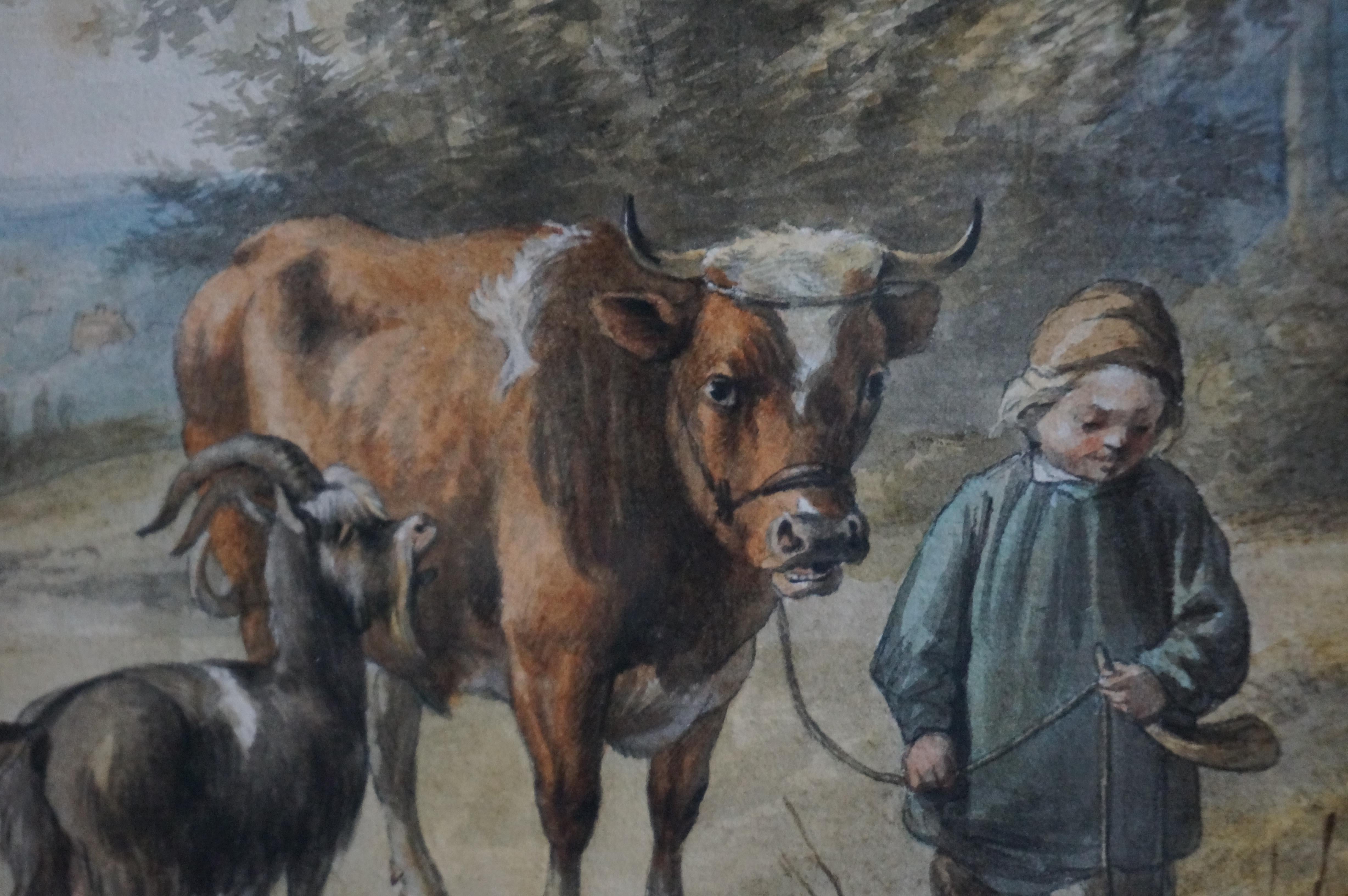 Landscape with cattle in watercolor For Sale 2