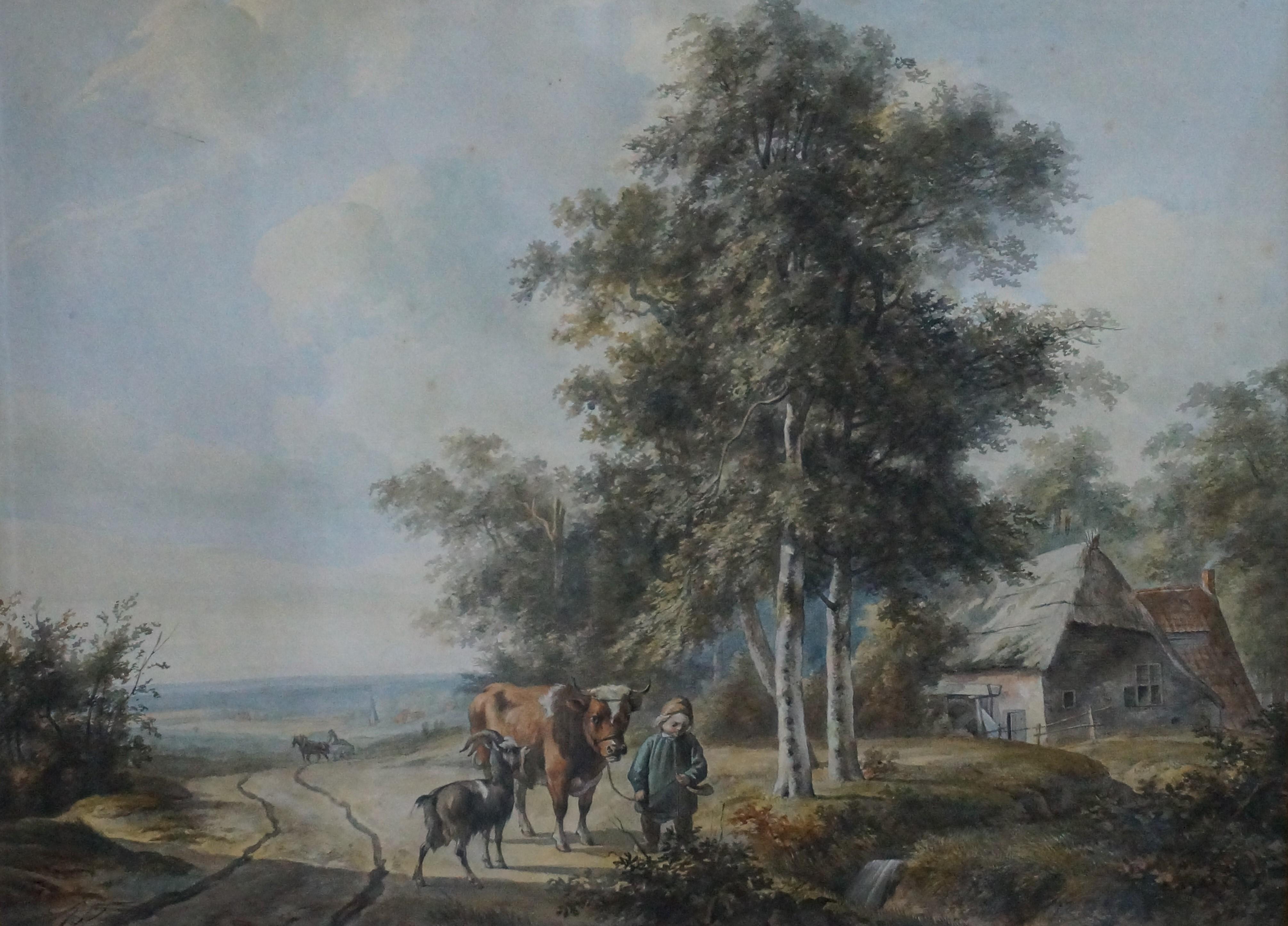 Landscape with cattle in watercolor - Romantic Art by Abraham Hendrik Winter