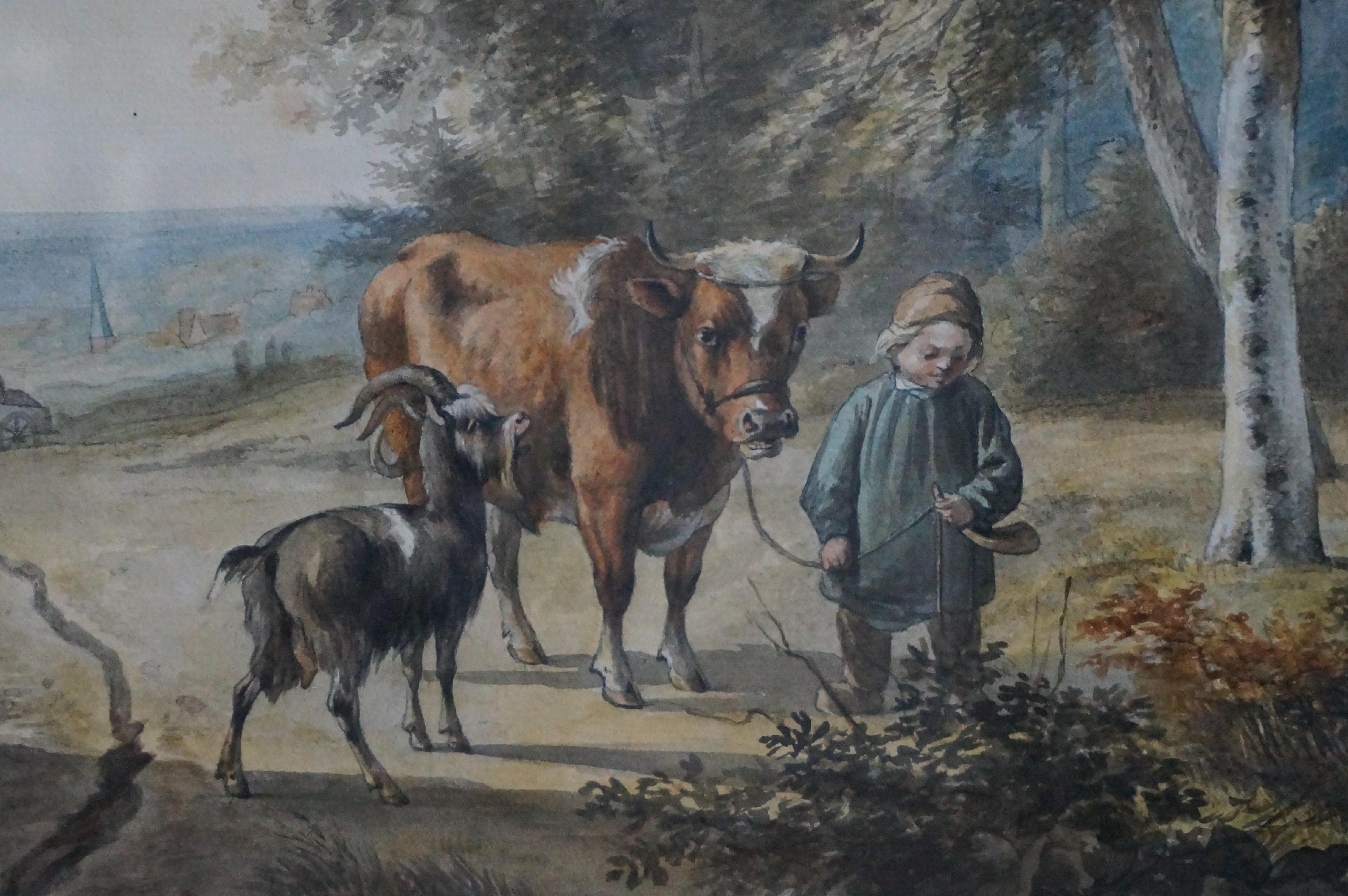 Landscape with cattle in watercolor For Sale 4