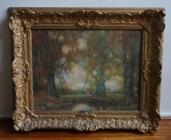 Paisaje holandés con vacas pastando cerca del bosque, acuarela, impresionista