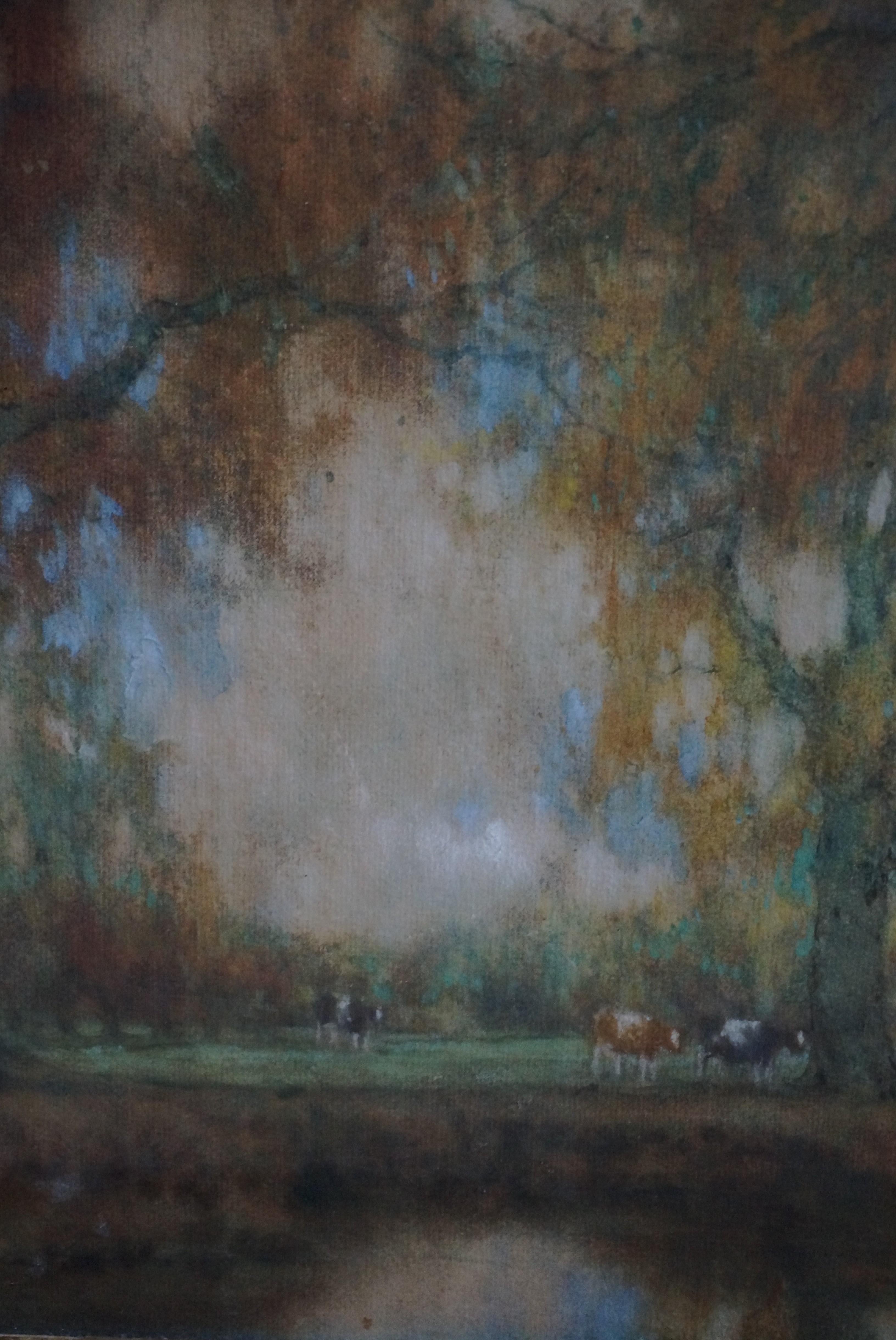Niederländische Landschaft mit wachsenden Kühen in der Nähe des Waldes, Aquarell, impressionistisch im Angebot 2