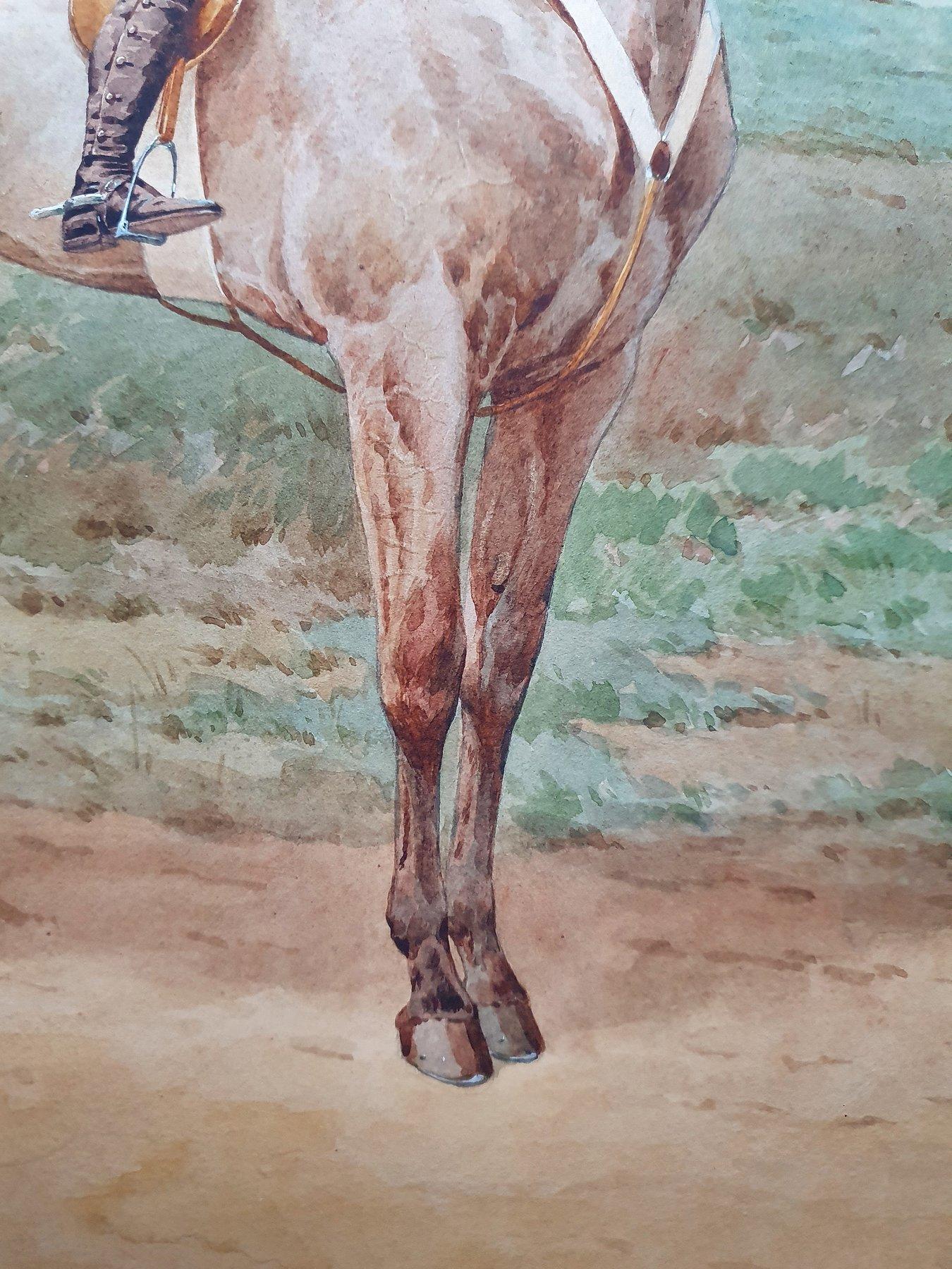 Very fine watercolour/ gouache from the French artist Charles Fernand de Condamy ( 1847-1913) . 
Condamy was a specialist in hunting subjects and equestrian portraits. He was an extremely gifted animal painter. This work depicts a teenager dressed