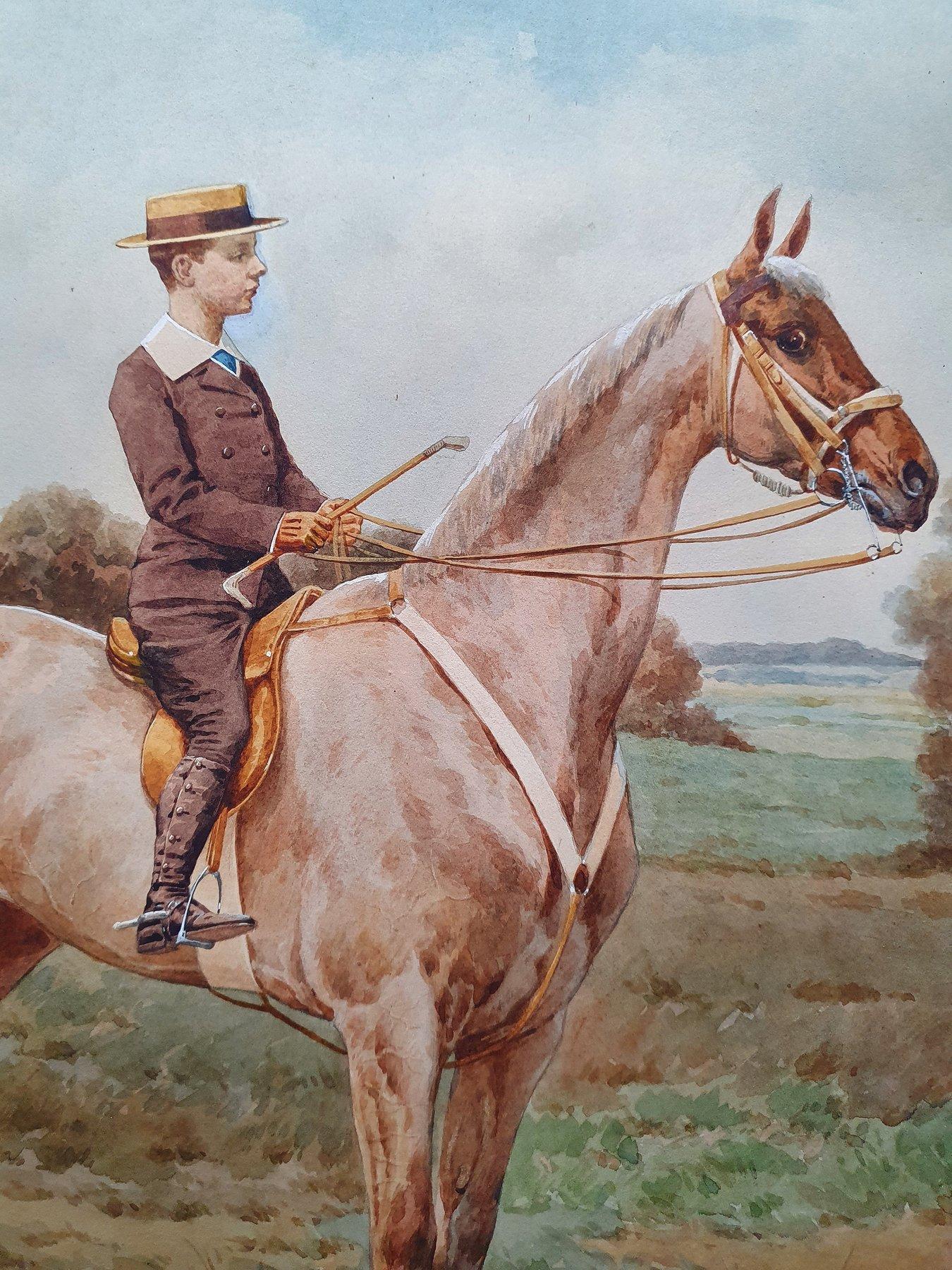 Teenager zu Pferd in Sommerlandschaft, Reiter, Ende des 19. Jahrhunderts – Art von Charles Fernand de Condamy