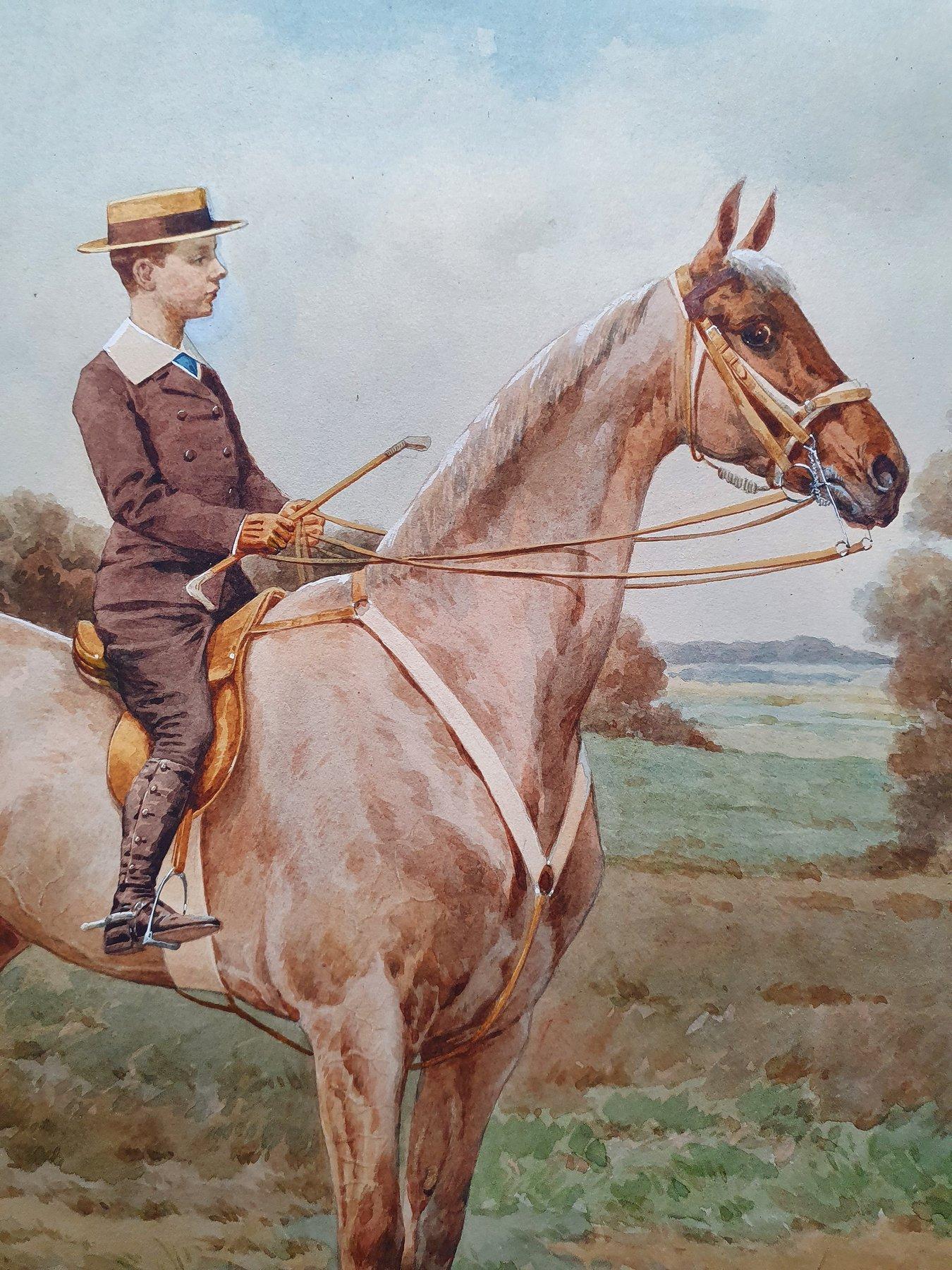 Teenager on horseback in summer landscape, Equestrian, late 19th century For Sale 4