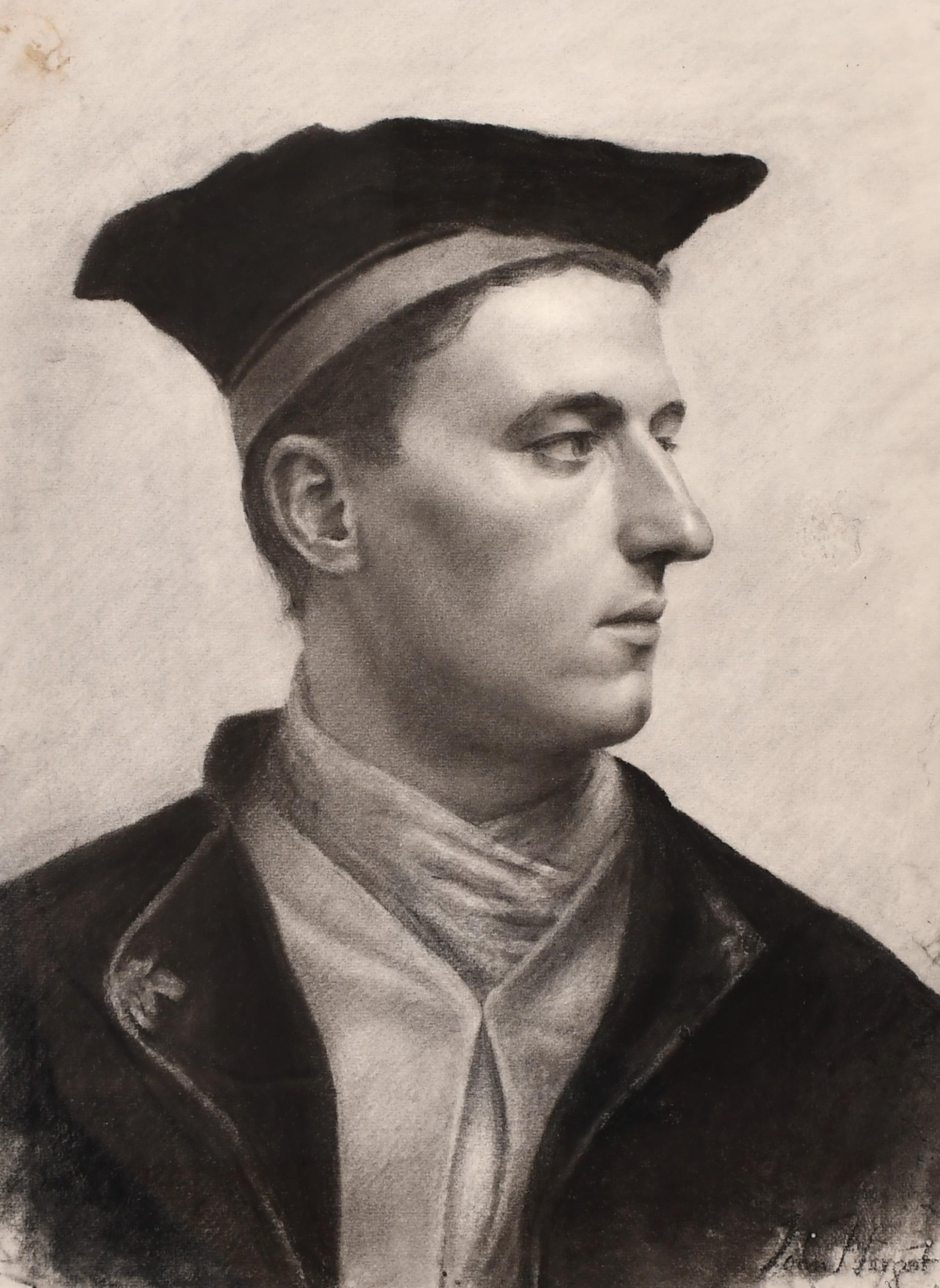 Portrait de l'artiste John Seymour Lucas au fusain, daté de 1907 par le filigrane du papier,  dessiné par Alphonse Legros. Il s'agit d'un dessin de qualité muséale. Signature postérieure de John Singer Sargent superposée par une main inconnue. 