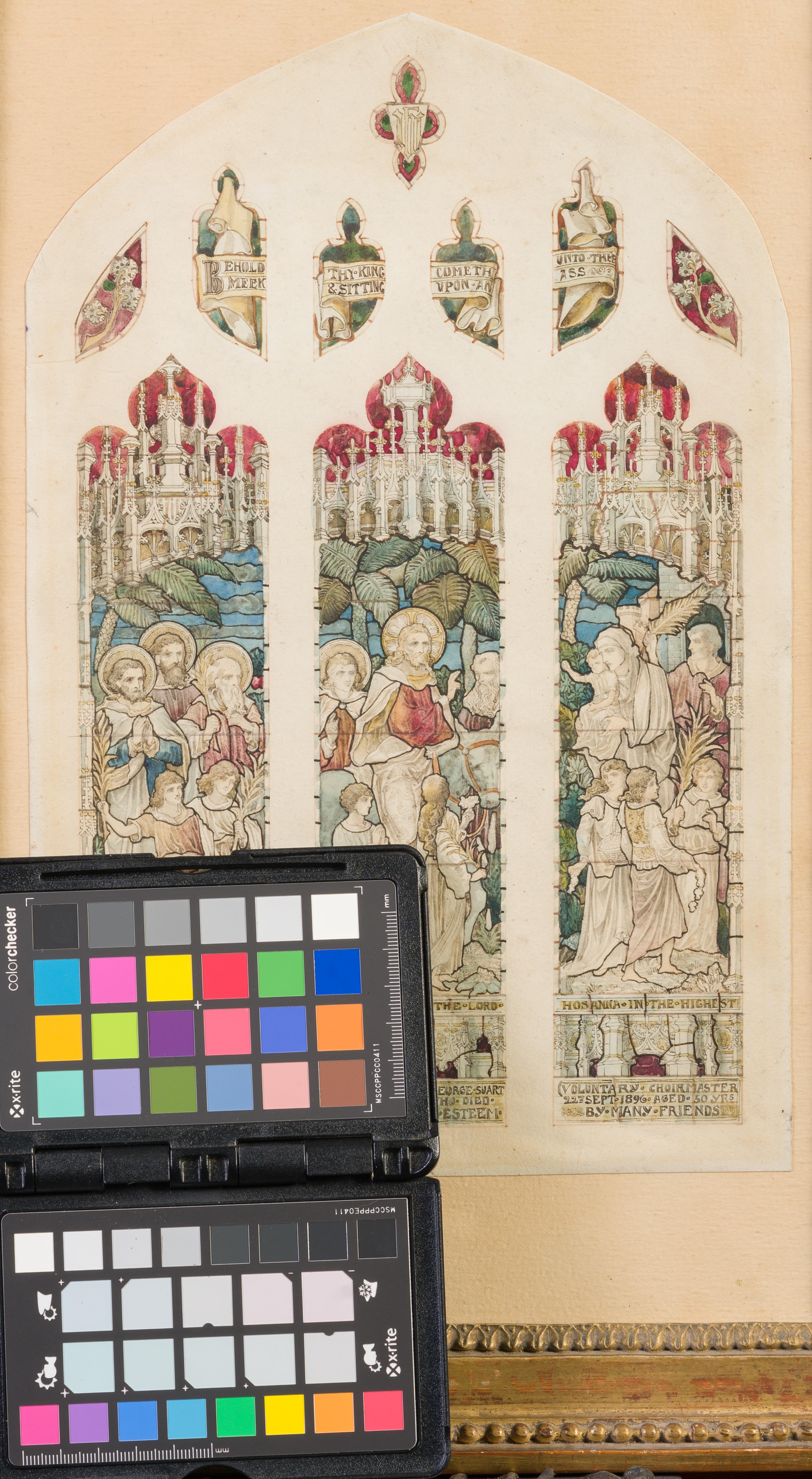 Saint Michaels Church, Workington, Cumbria , England. This picture is the design for a window which was dedicated to a long serving and much loved choirmaster by the name of George Suart who upon his death in 1896 the congregation generously donated