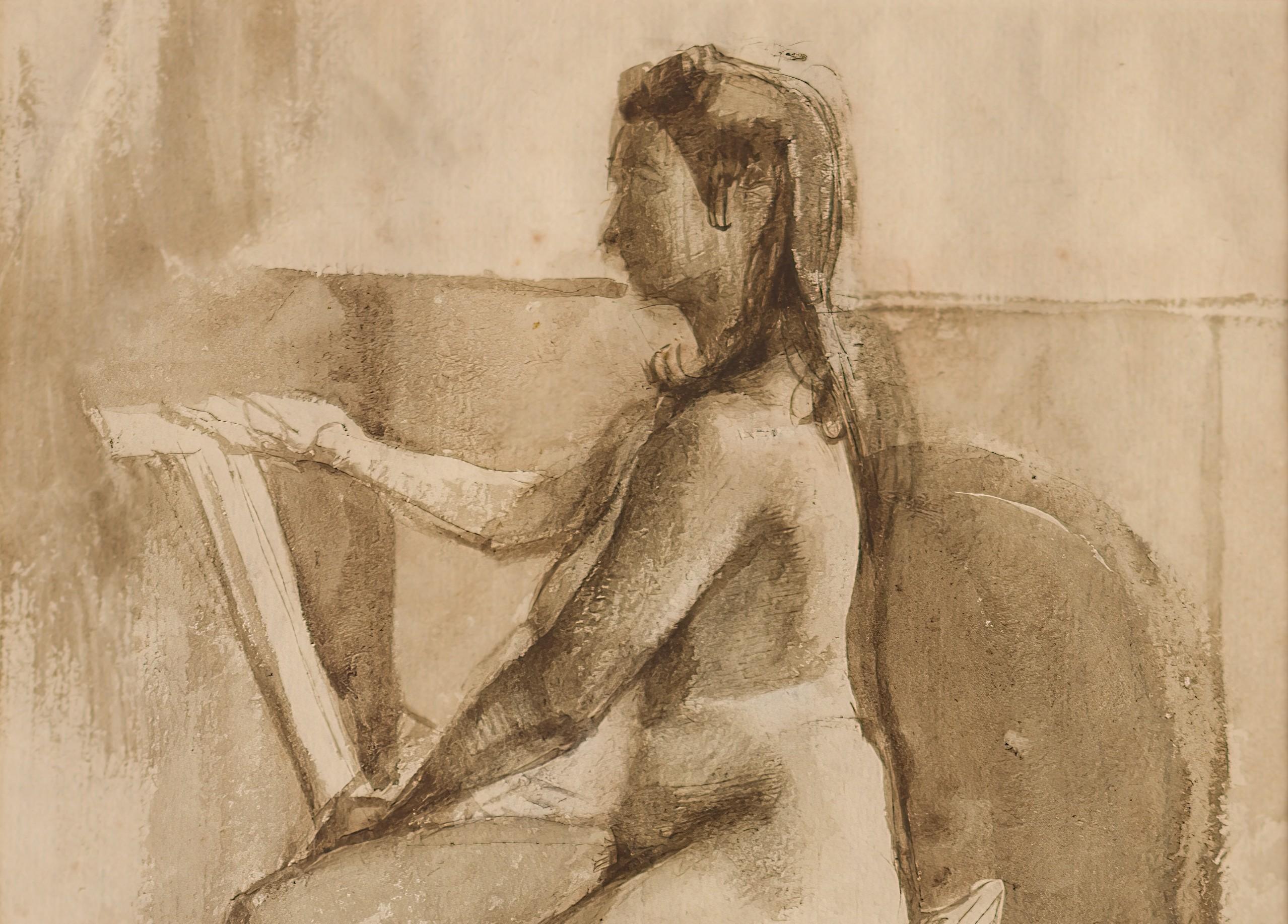 Kunstschule Studie eines sitzenden Aktes (Beige), Nude, von Roland Suddaby