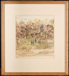 Stadtlandschaft mit Bäumen und Figuren.