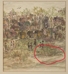Stadtlandschaft mit Bäumen und Figuren.