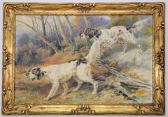 Antique Two Setters in a Landscape, Circa 1918, Hunting Dog Art, Period Dog Portrait