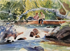 Vintage Boys Fishing From a Log, Watercolor by Chet Reneson, Old Lyme, Connecticut
