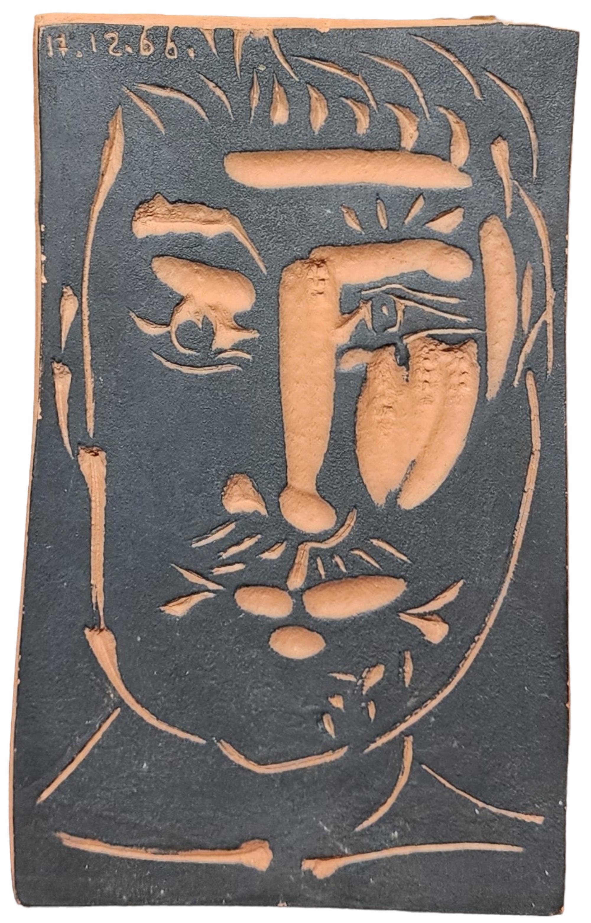 Pablo Picasso (1881-1973)

Visage d'homme, 1966

Red earthenware clay plaque

Numbered 129/500, with 'Empreinte Originale de Picasso' and 'Madoura Plein Feu' stamp on the underside.

6 1/4 x 3 7/8 x 7/8in (15.9 x 9.7 x 2.2cm)

Ramié 539
