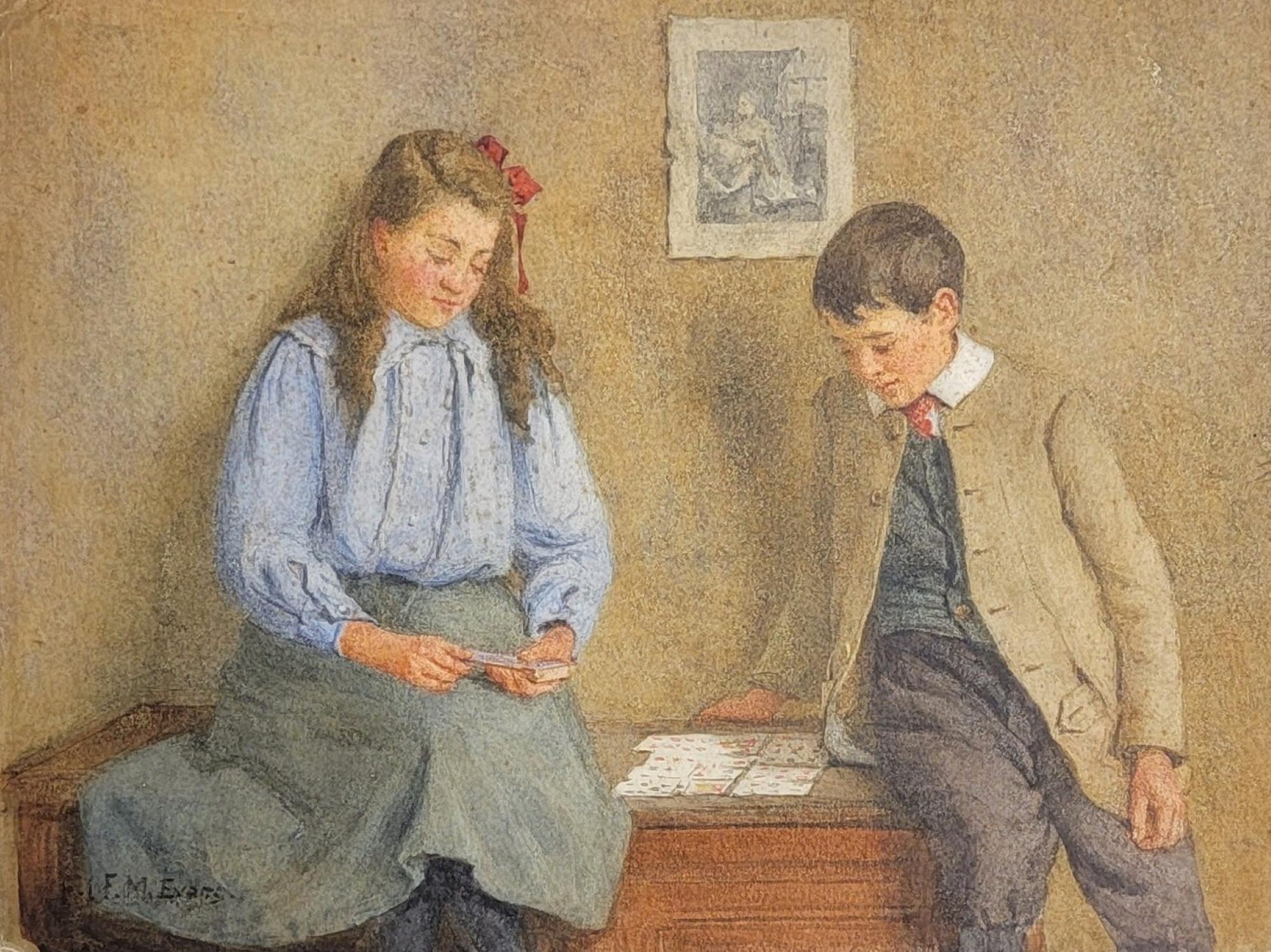 Frederick McNamara Evans (English, 1859-1929)
Signed: F.M. Evans (Lower, Left)

" A Game of Patience ", circa 1900
(Titled in pencil on verso and original label.)

Watercolor on paper laid on paper

Size: 10 3/4" x 14 1/8"

Outside Matt Size: 17" x