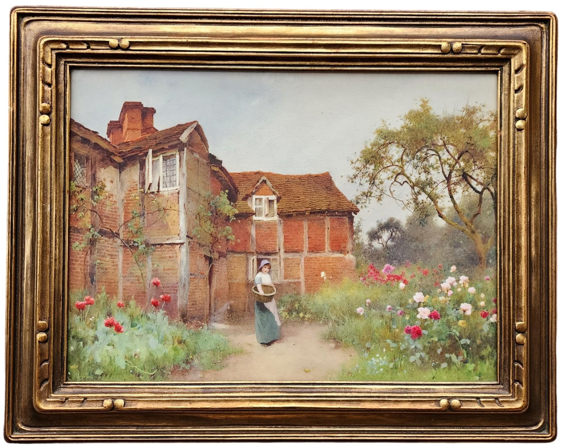 Benjamin Sigmund Landscape Art – Girl in The Garden, Wunderschöne englische Aquarellblumen, Rosen, Surrey Cottage