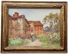 Jeune fille au jardin, merveilleuse aquarelle anglaise, fleurs, roses, cottage du Surrey