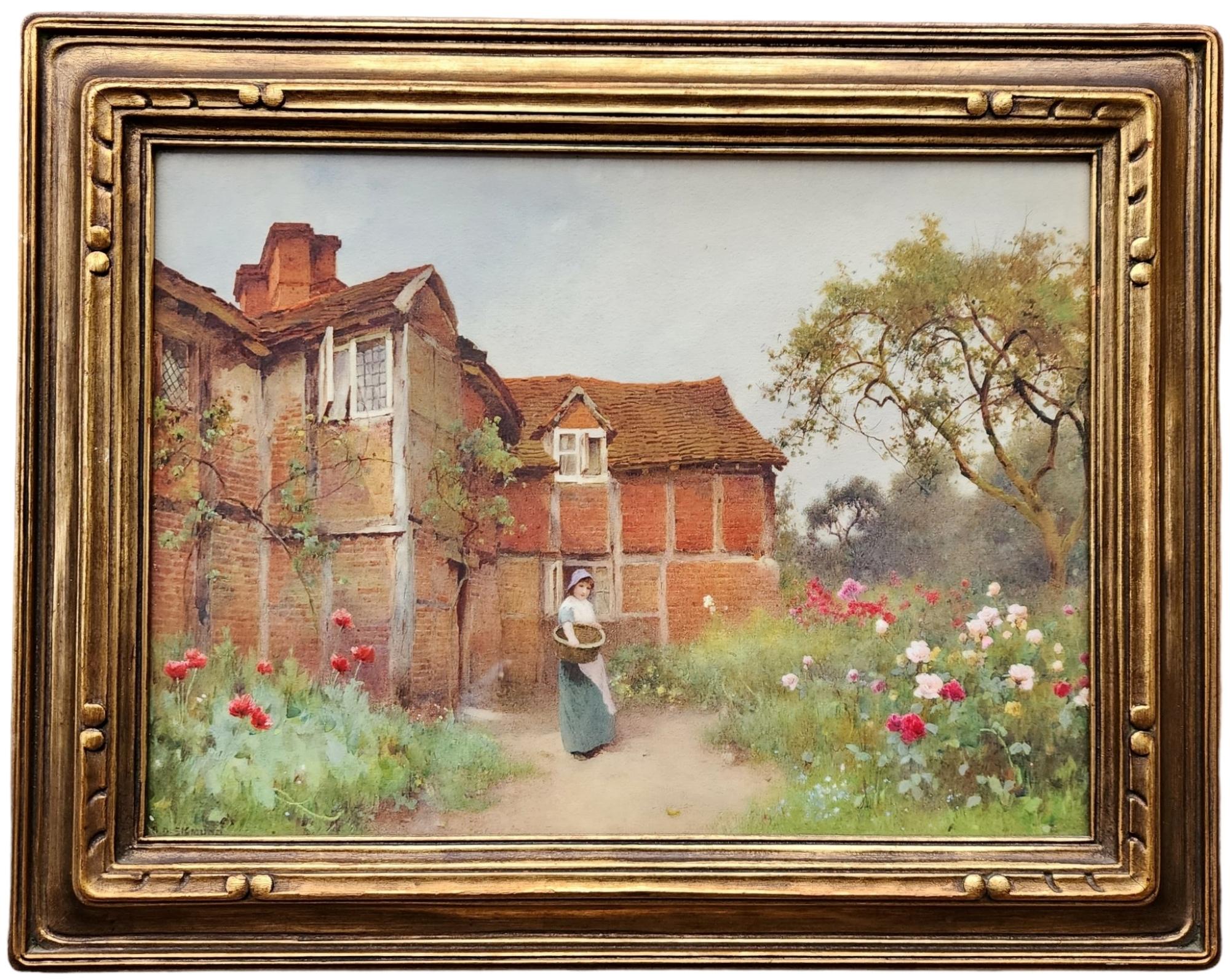 Jeune fille au jardin, merveilleuse aquarelle anglaise, fleurs, roses, cottage du Surrey