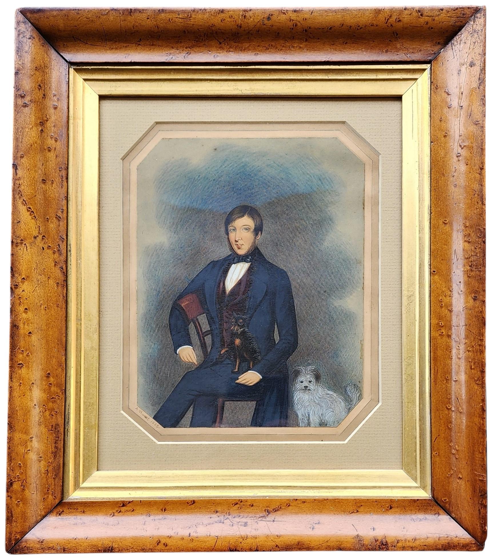 Porträt eines Gentleman und seiner beiden Hunde, 1853 Britisches, Rahmen aus Vogelaugenahorn mit Vogelaugenahorn