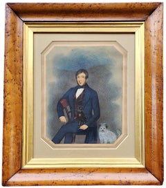Ritratto di un gentiluomo e dei suoi due cani, 1853 Britannico, cornice in acero Birdseye
