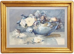 Wonderful Early 20th Century Watercolor of a Bowl of White Roses, Woman Artist