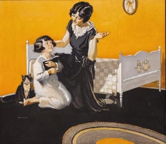 Leer antes de dormir, Ilustración original, Madre, Hija, Gato, Gusano de biblioteca