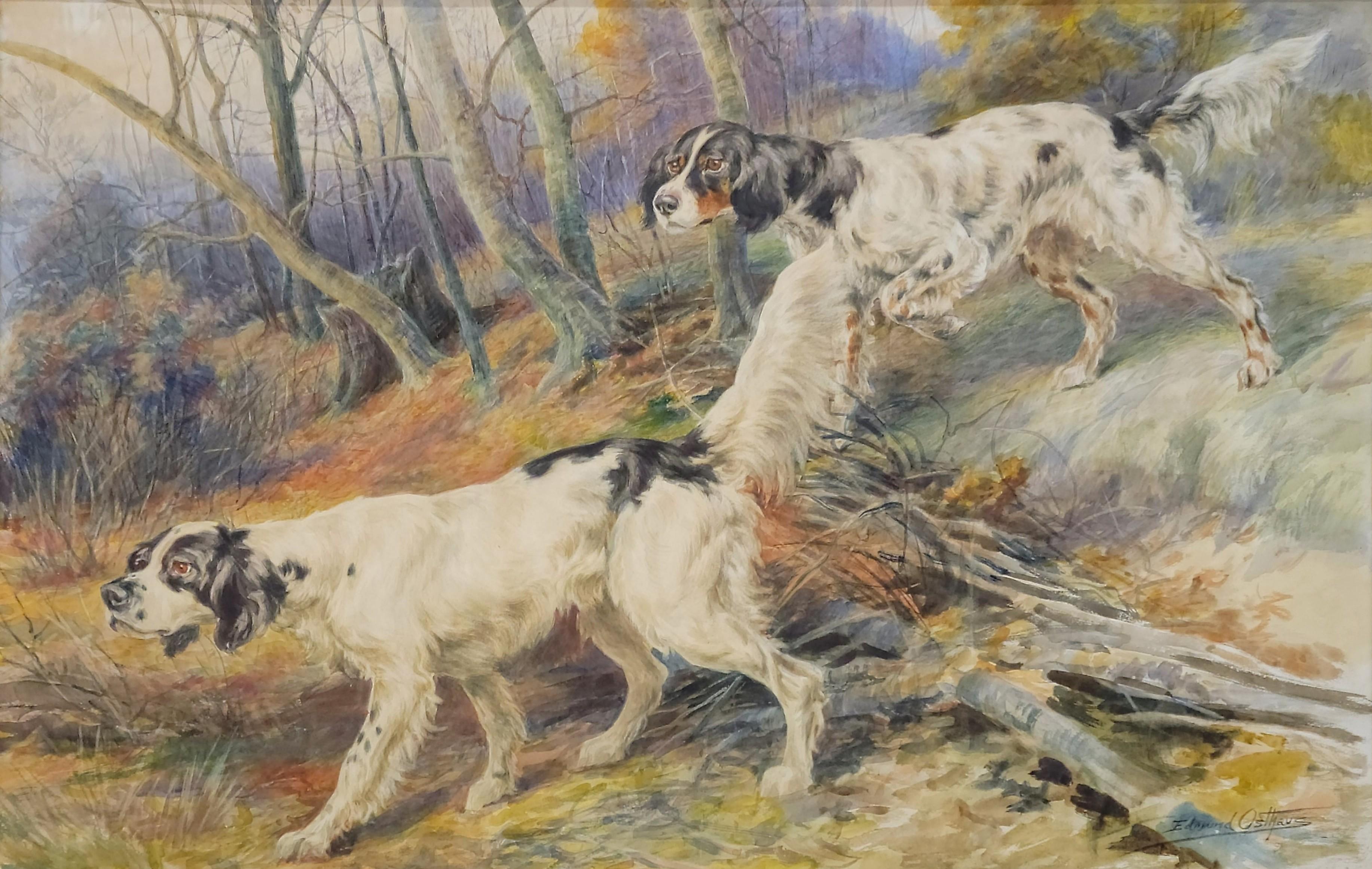 Deux Setters in a Landscape, vers 1918, Art du chien de chasse, portrait de chien d'époque - Marron Landscape Art par Edmund Osthaus