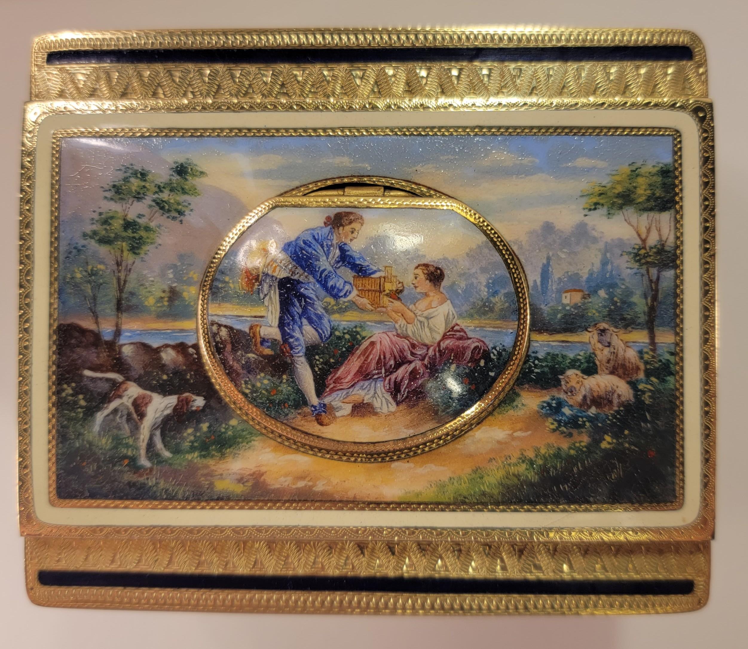Karl Griesbaum Animated Singing Bird Box & Timepiece. An exceptional gilt brass case with blue and white enamel panels, the sides and back have hand painted round scenic panels; the top of the case has an enameled landscape scene with a couple on