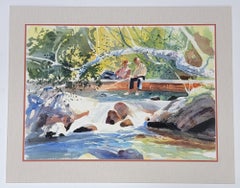 Boys Fishing From a Log, Watercolor by Chet Reneson, Old Lyme, Connecticut