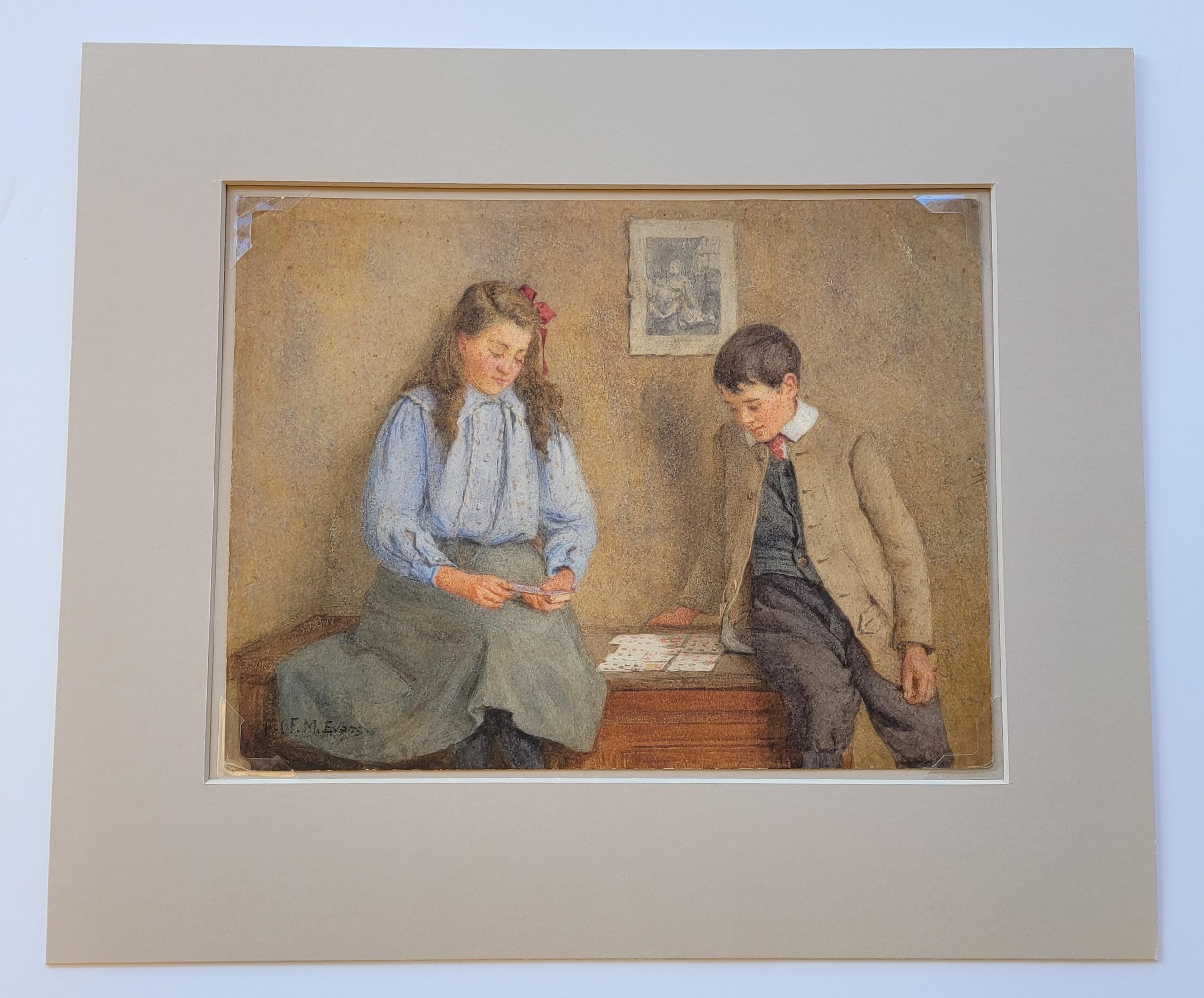 A Game of Patience, 1900 Watercolor by RFB Frederick McNamara Evans For Sale 1