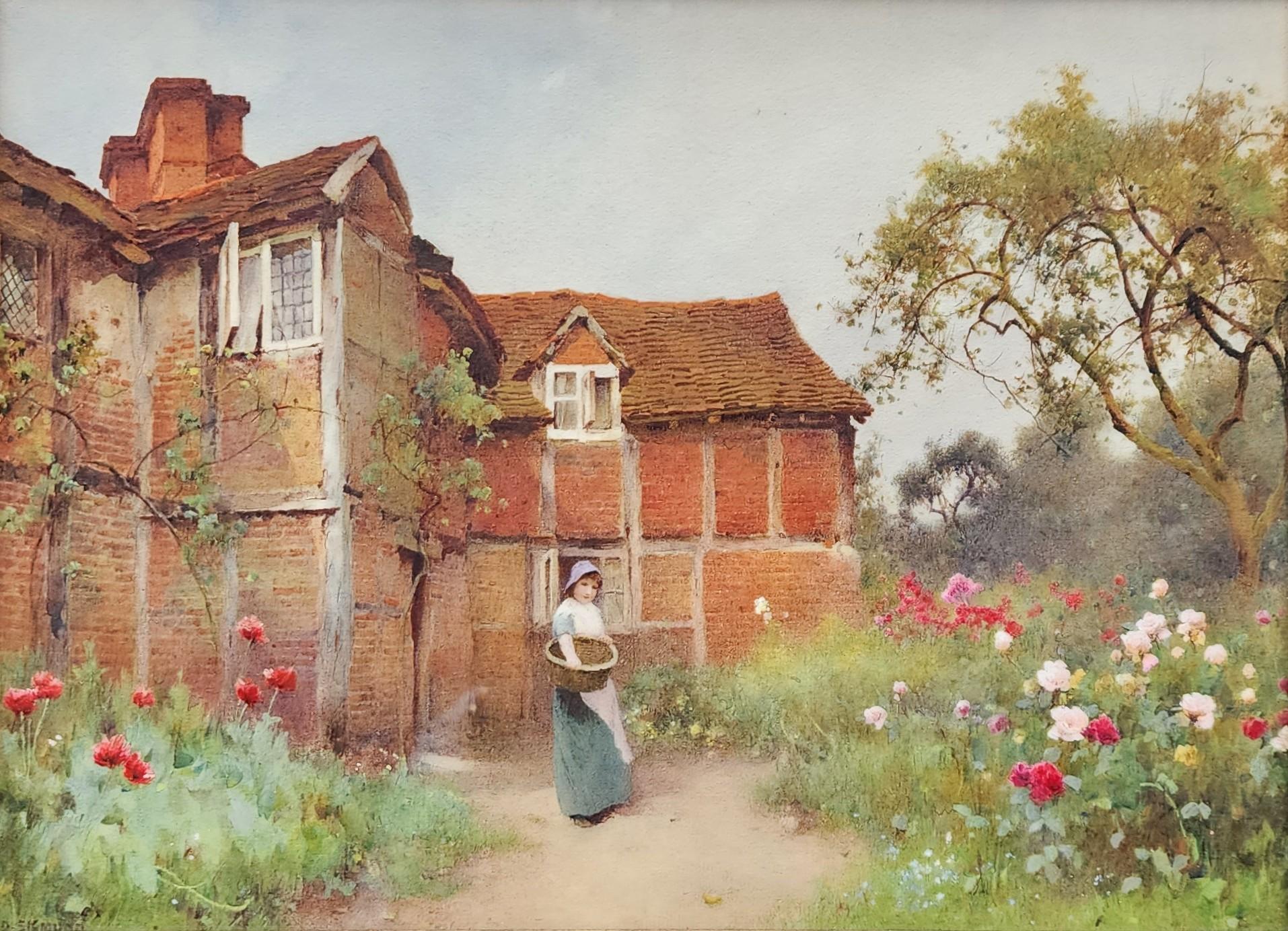 Jeune fille au jardin, merveilleuse aquarelle anglaise, fleurs, roses, cottage du Surrey - Art de Benjamin Sigmund