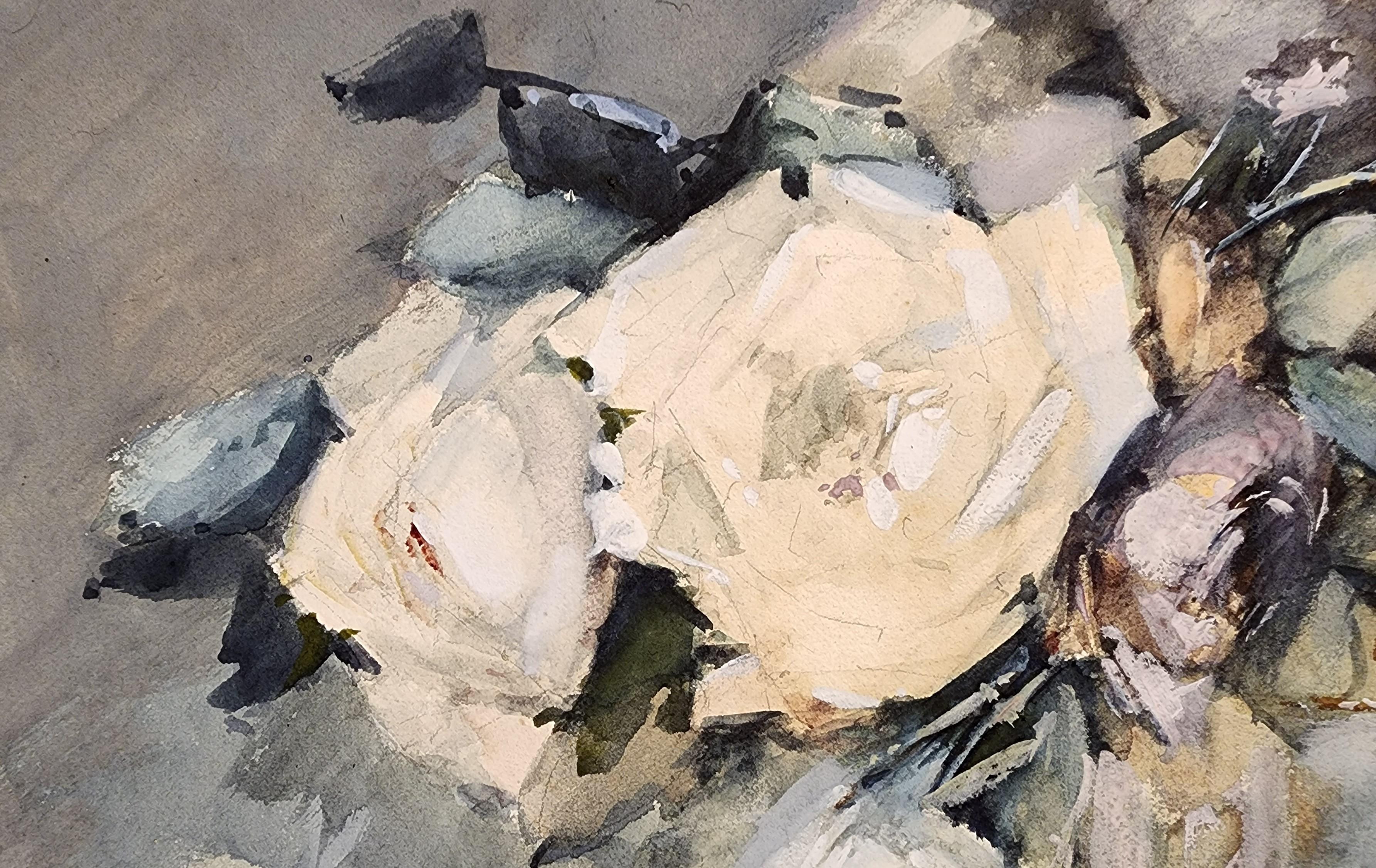 Wonderful Early 20th Century Watercolor of a Bowl of White Roses, Woman Artist 1