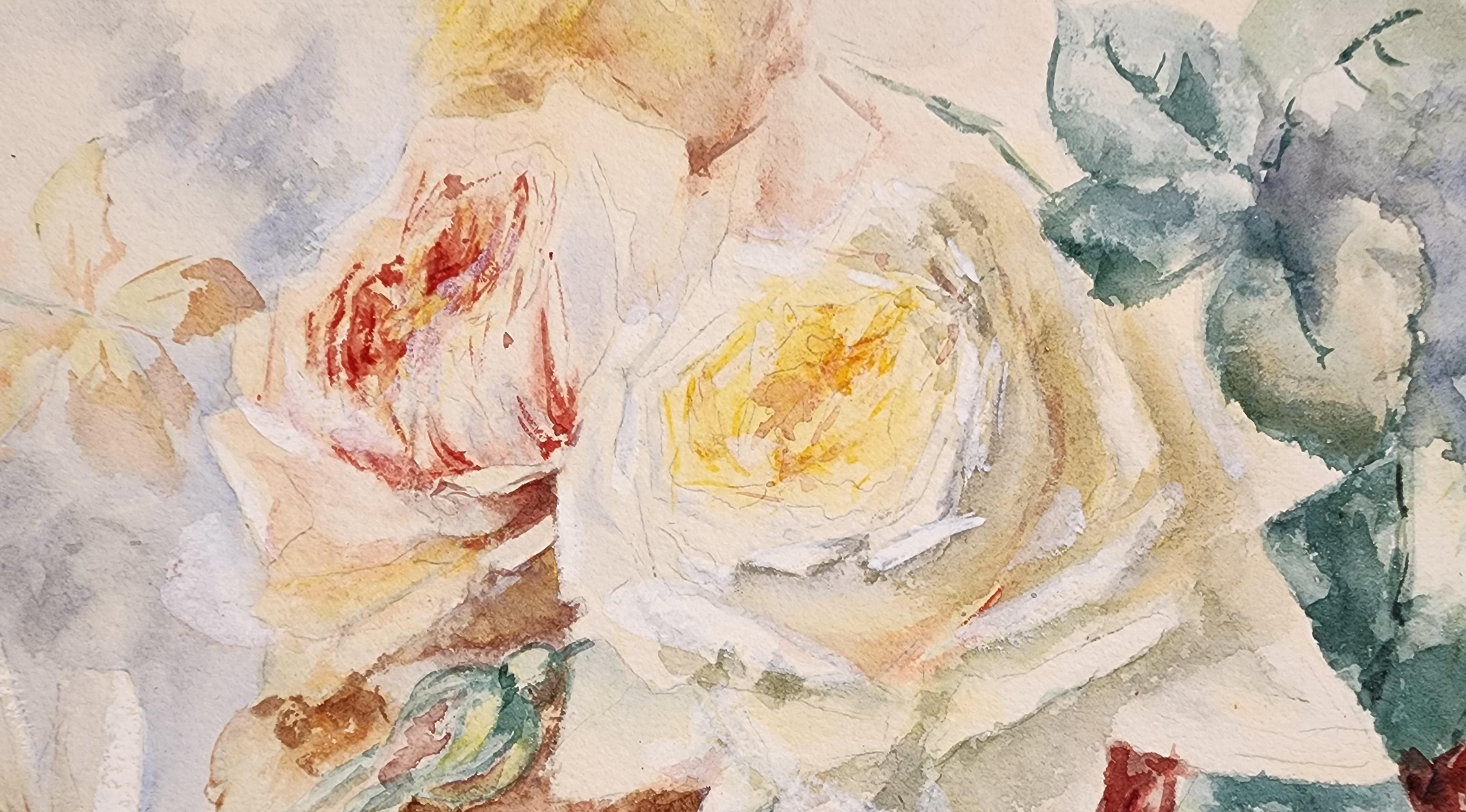 Antica natura morta floreale americana di rose, delicatamente modellata - Still-Life Beige di Unknown