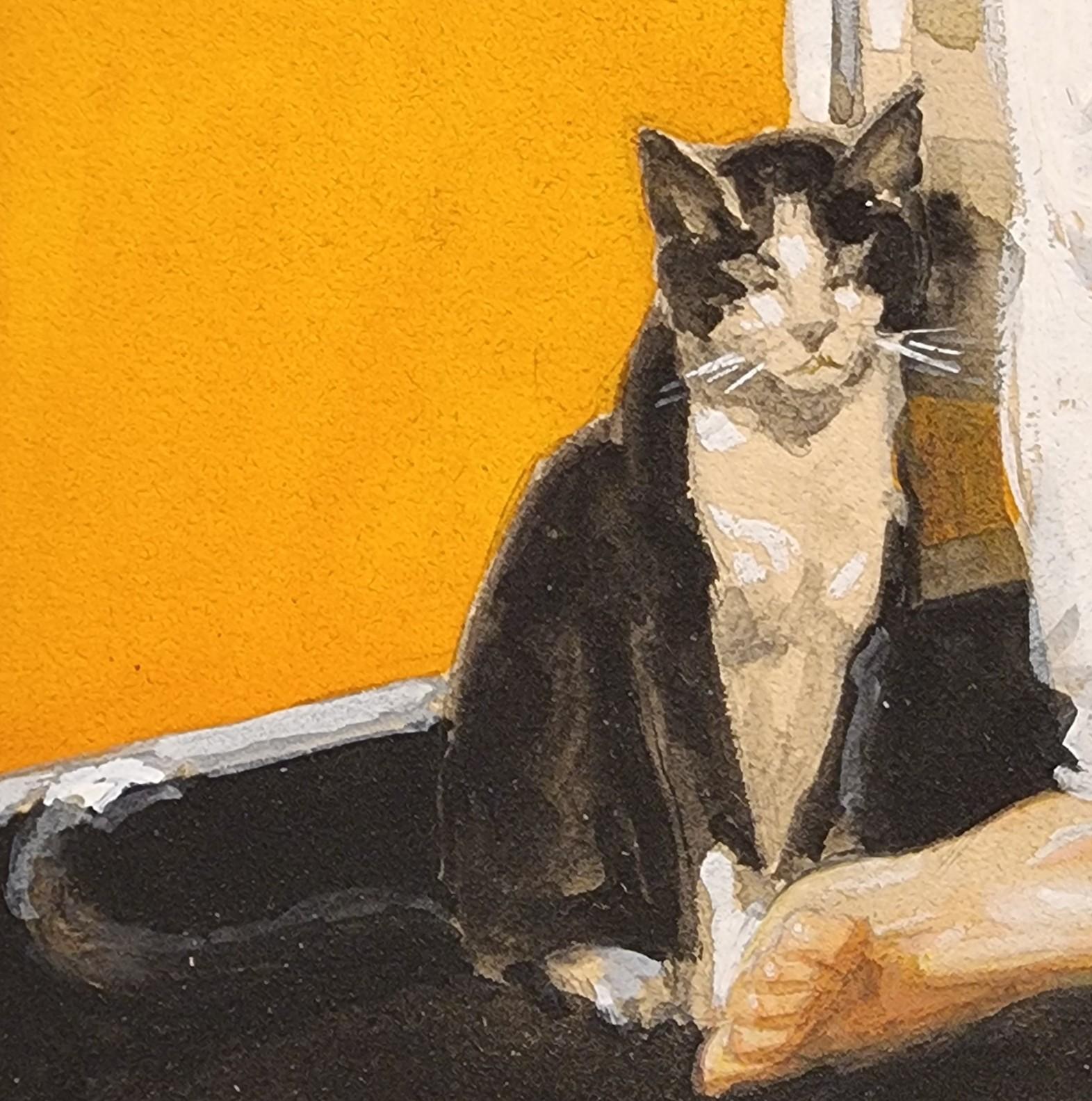 Leer antes de dormir, Ilustración original, Madre, Hija, Gato, Gusano de biblioteca - Art Realista de Robert Konersman
