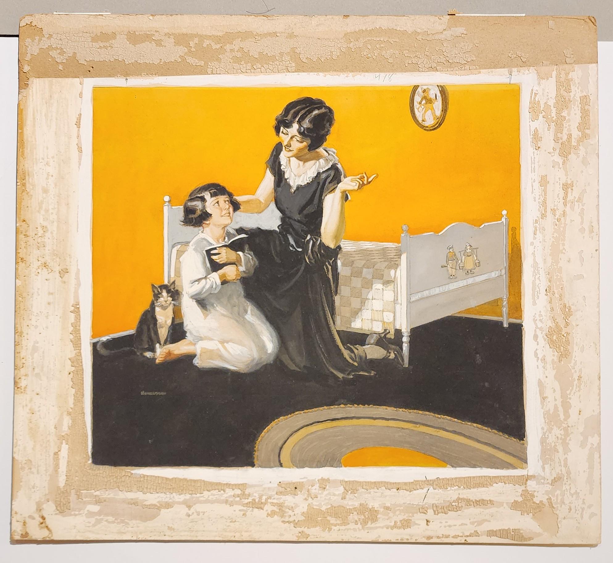 Leer antes de dormir, Ilustración original, Madre, Hija, Gato, Gusano de biblioteca en venta 1