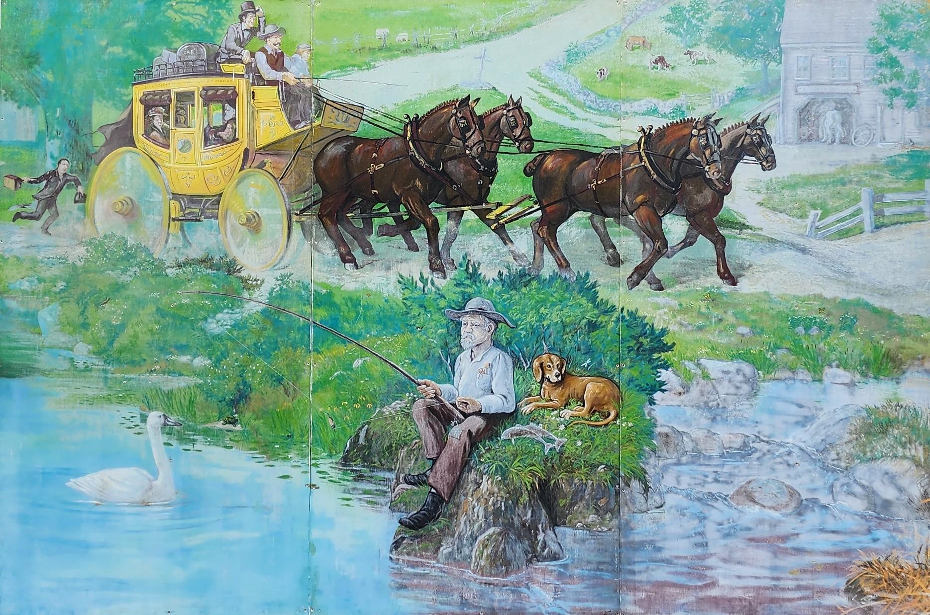 Vista dei tempi passati, grande dipinto murale d
altri tempi, arte del ristorante / locale