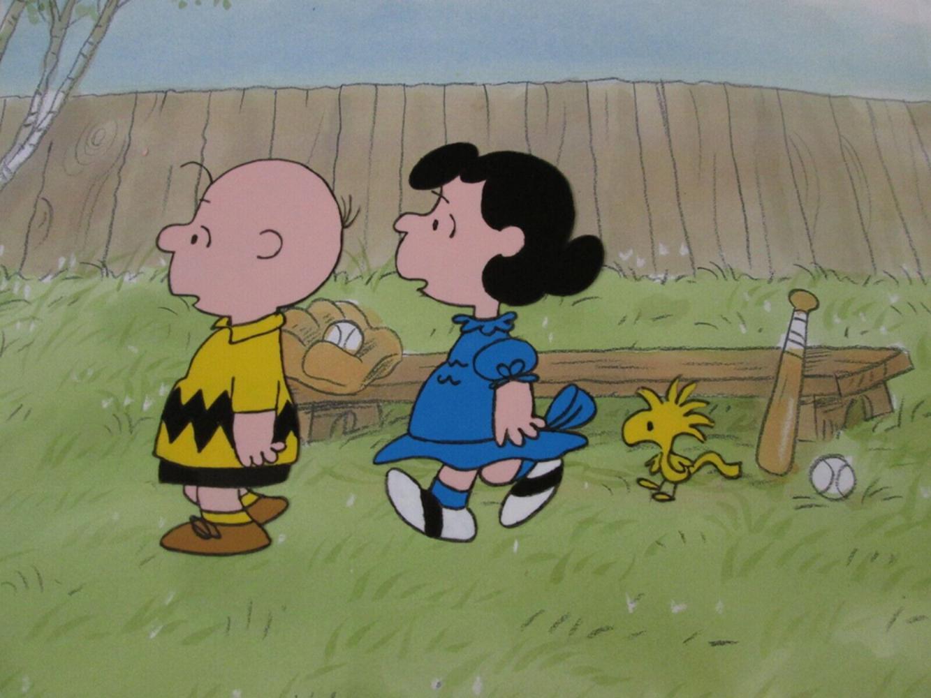 Figurative Art de Charles M. Schulz - Peanuts Charlie Brown, Lucy Y Woodstock Producción Cel 1983 Béisbol