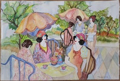 ITZCHAK TARKAY "PARK CAFE" ORIGINAL WATERCOLOR 22"X15" ON FRANCH ARCHES PAPER