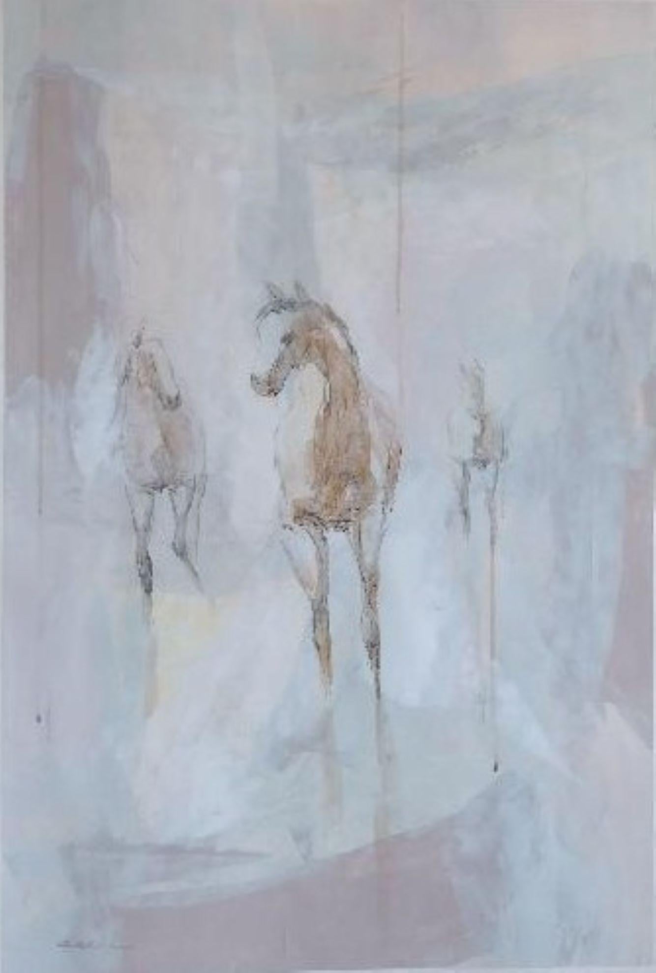 Cecil K.  Animal Art – Freedom Ride II – Kohlezeichnung mit Aquarellfarbe auf Papier mit Pferden