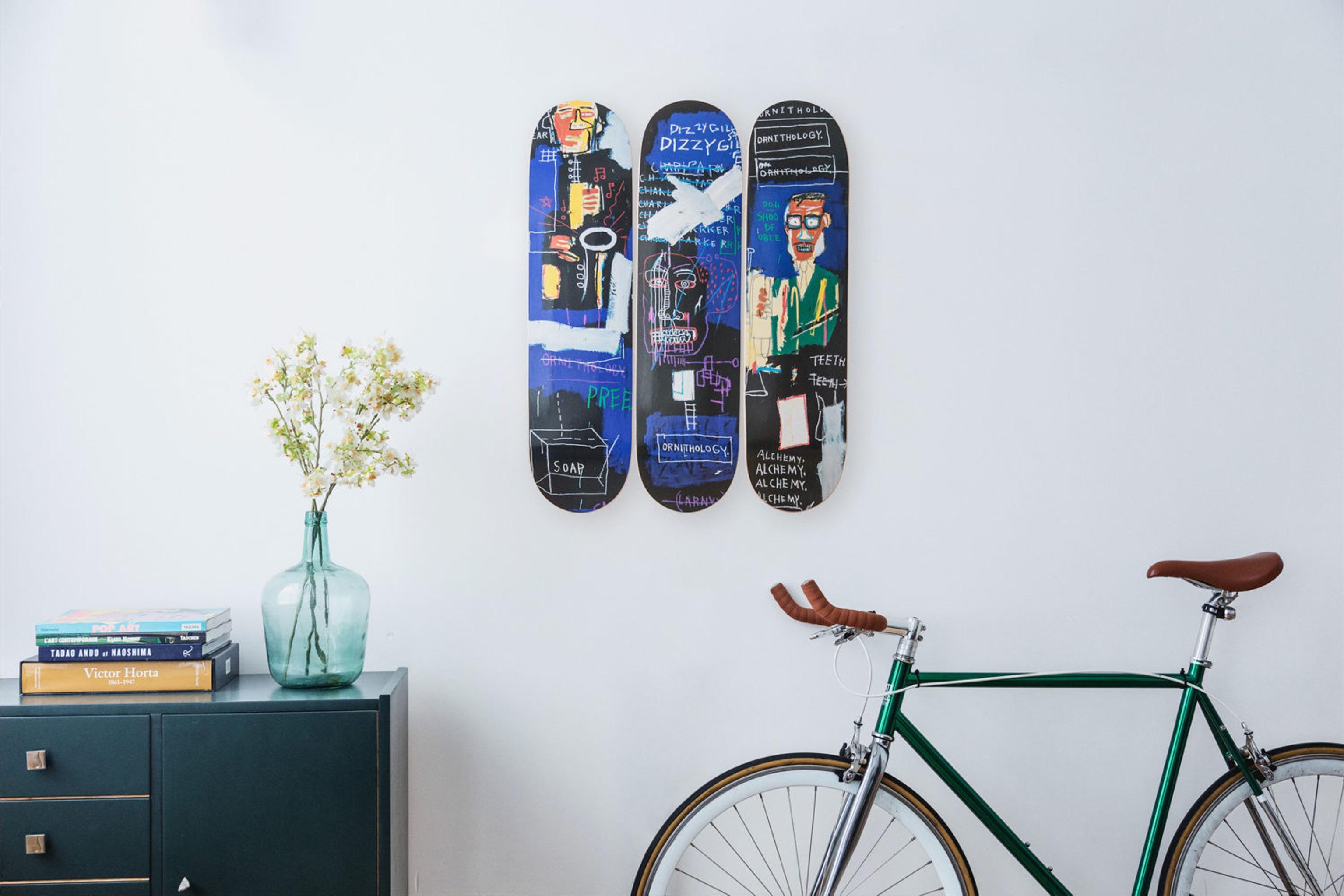 The Skateroom x Estate of Jean-Michel Basquiat
Horn Players (1983)
Print on 7 ply Grade A Canadian Maple wood (Set of 3)
31 1/2 × 7 9/10 in  80 × 20 cm
Open edition 
Licensed by Artestar, New York