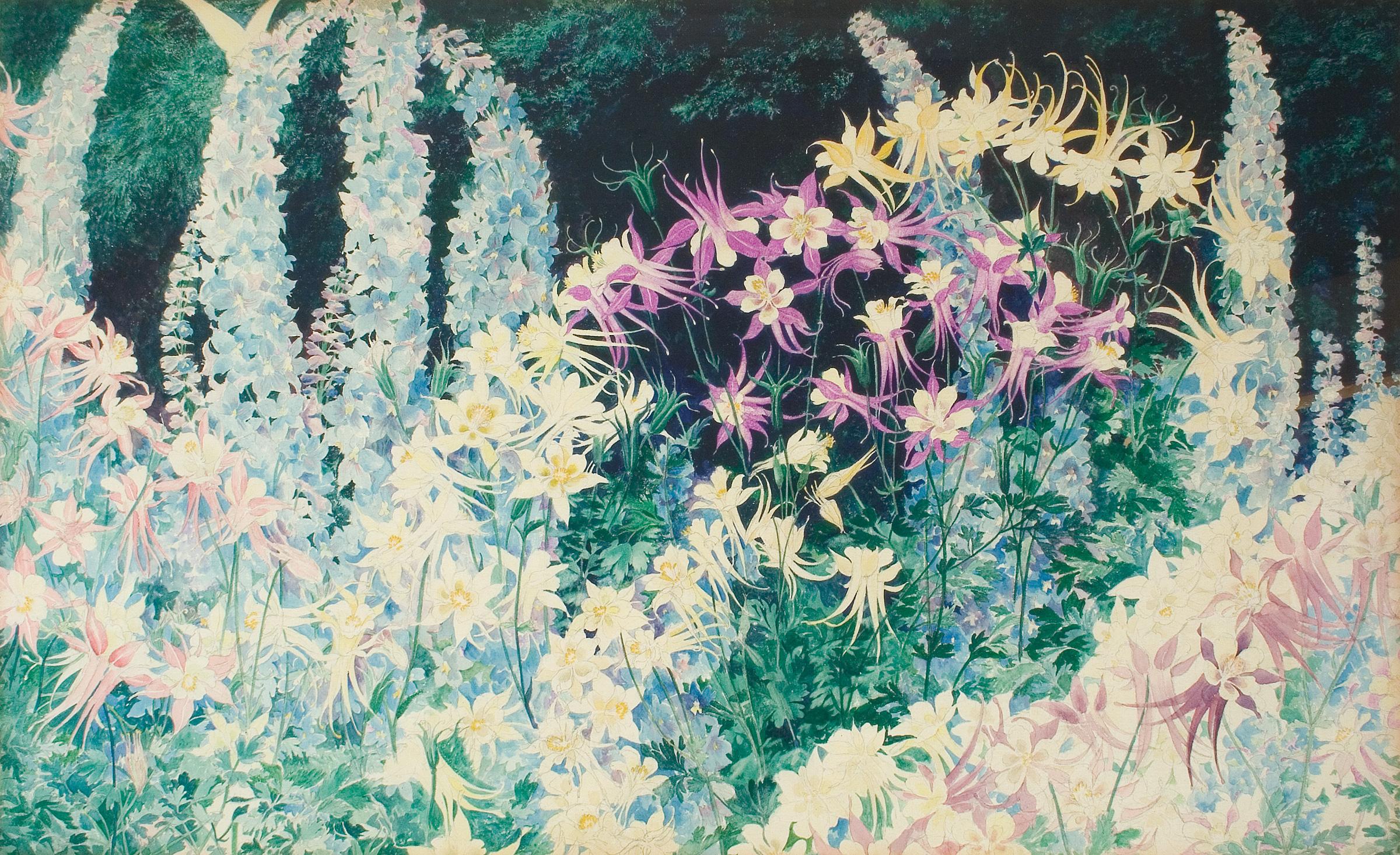 Blumen: Aquilegia und Delphinium – amerikanisches impressionistisches Aquarell auf Papier – Art von John Rutherford Boyd