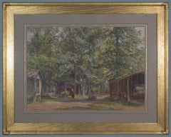 Antique Farm Scene with Figures c. 1870 a watercolor by Irish artist working in the US