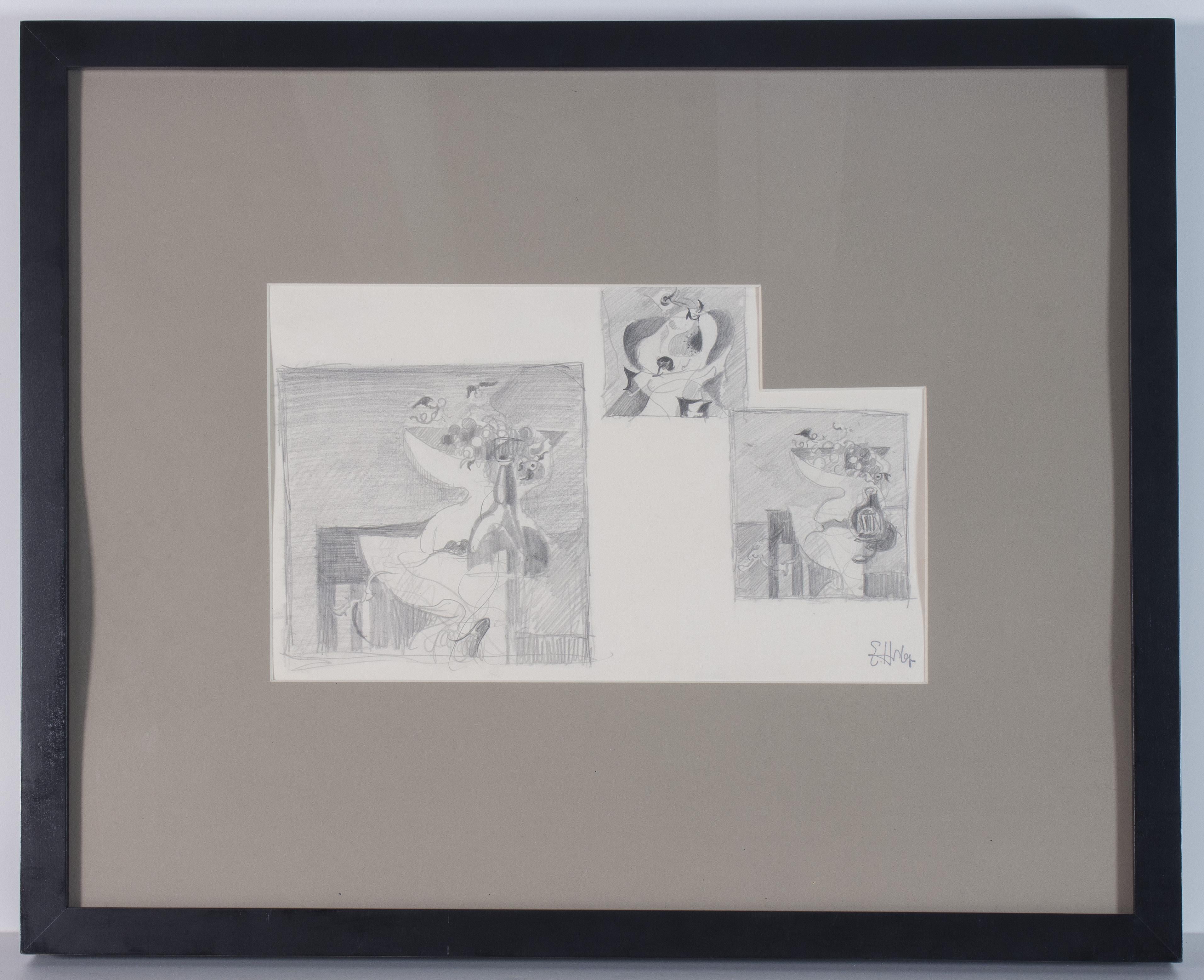 Earl Horter (américain, 1883-1940)
Trois études de natures mortes
Crayon sur papier, 7 1/4 x 13 1/2 pouces ; Encadré : 17 x 21 pouces

NOTE : bien qu'originellement montée avec des matériaux d'archives, l'œuvre n'a pas été encapsulée et le carton du