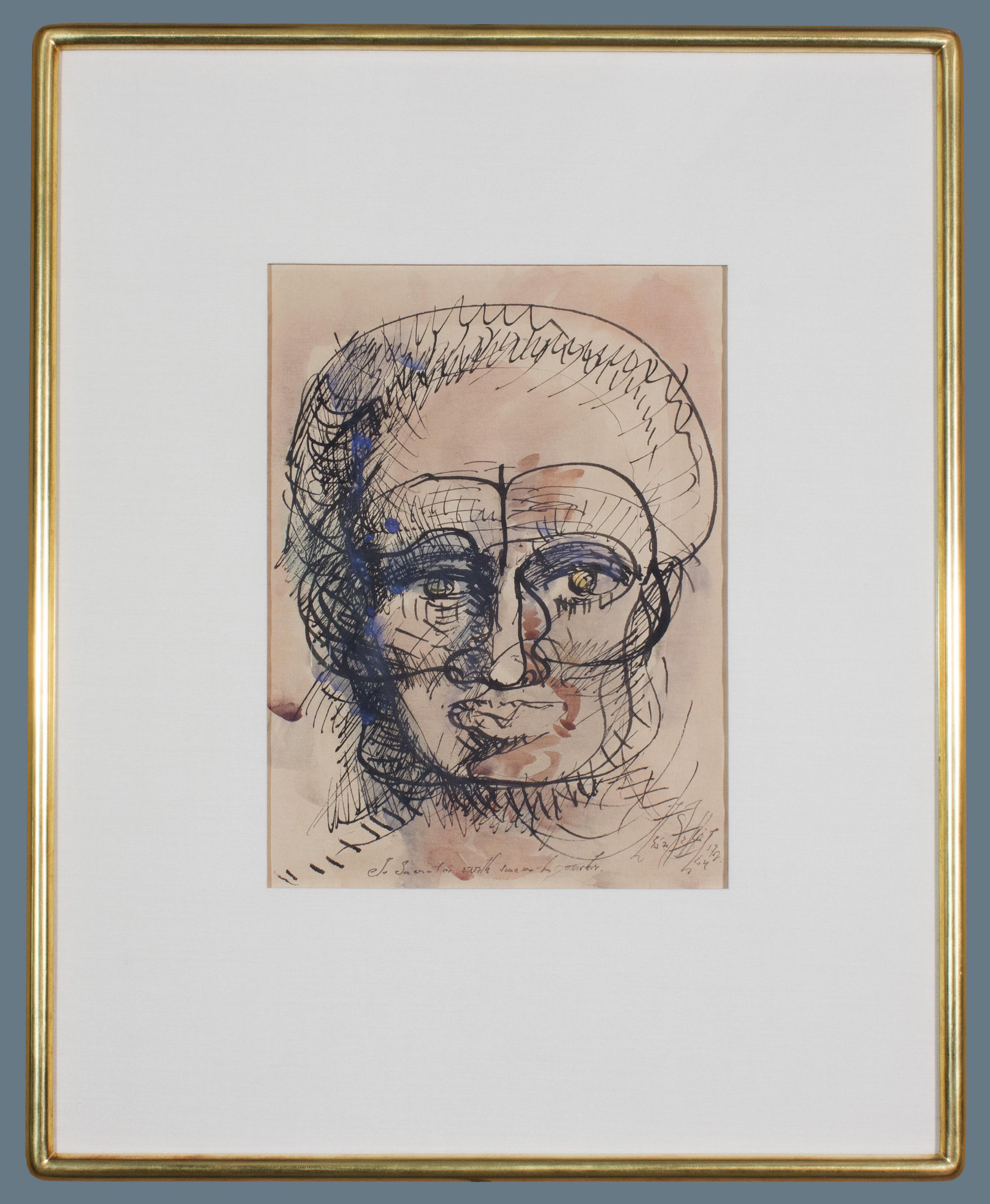 Leon Kelly
(American, born France, 1901-1982)
Surrealist Portrait

Ink on paper, 11 3/4 x 8 3/4 inches; Framed: 21 3/4 x 18 3/4 inches
Signed and dated at lower right: "Leon Kelly 1958"
Inscribed: "To Socrates with [love from Leon
