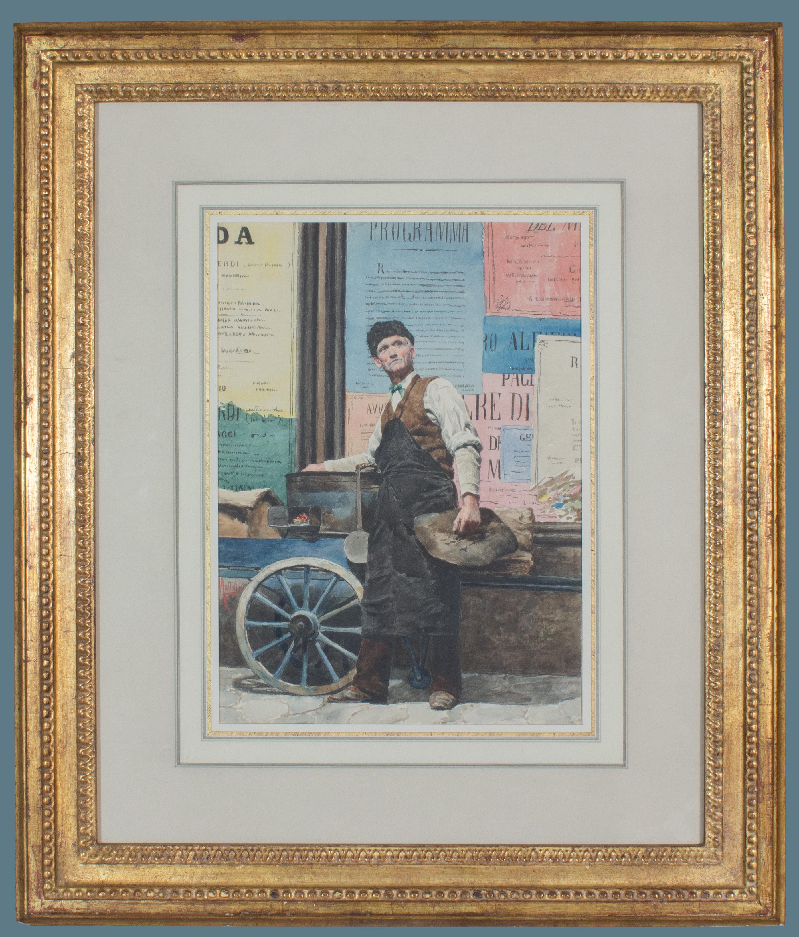 The Chestnut Vendor: an early 20th century Italian watercolor signed A.Mattolini