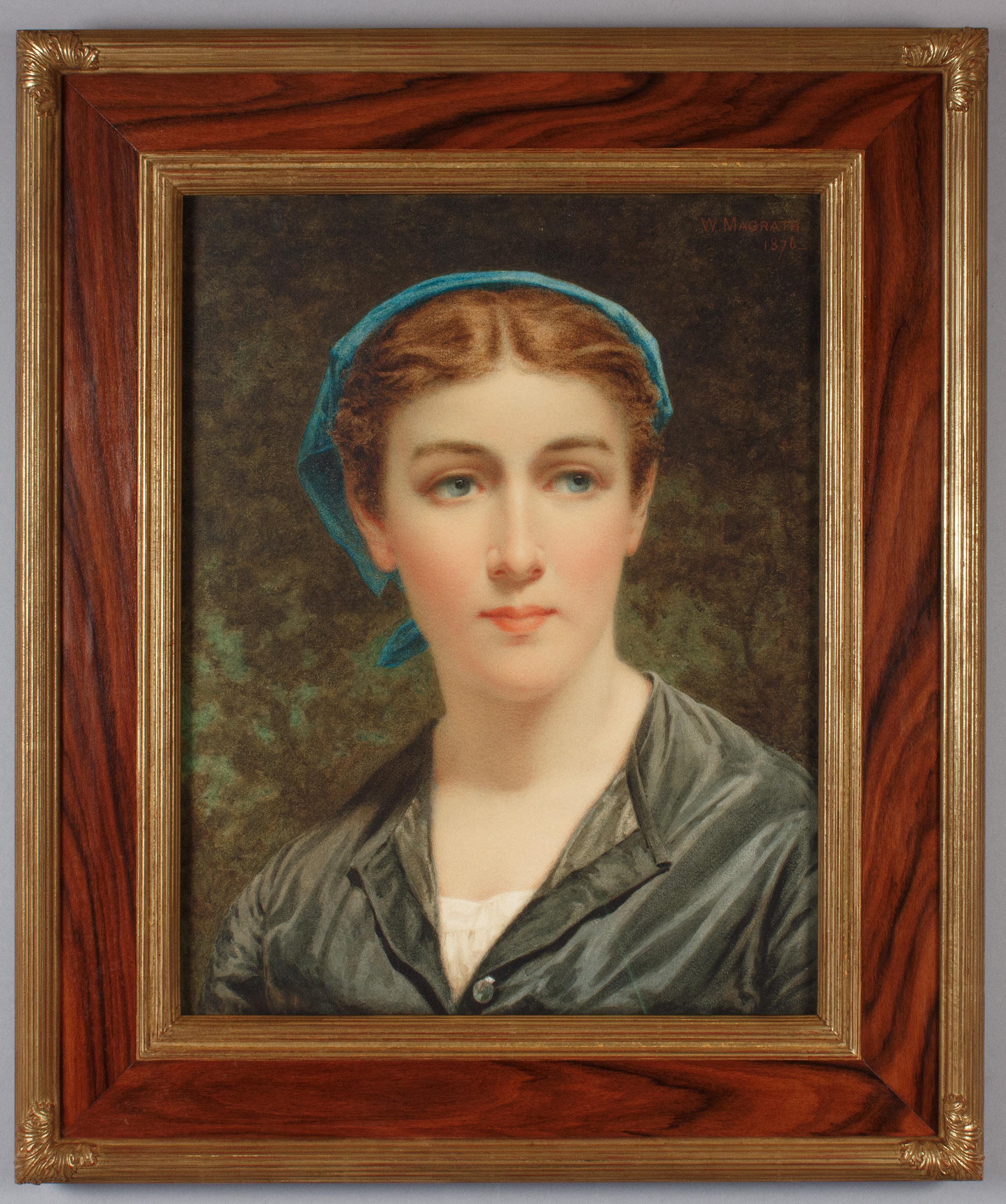 William Magrath Portrait - Woman with a Blue Kerchief: watercolor by Irish artist Magrath