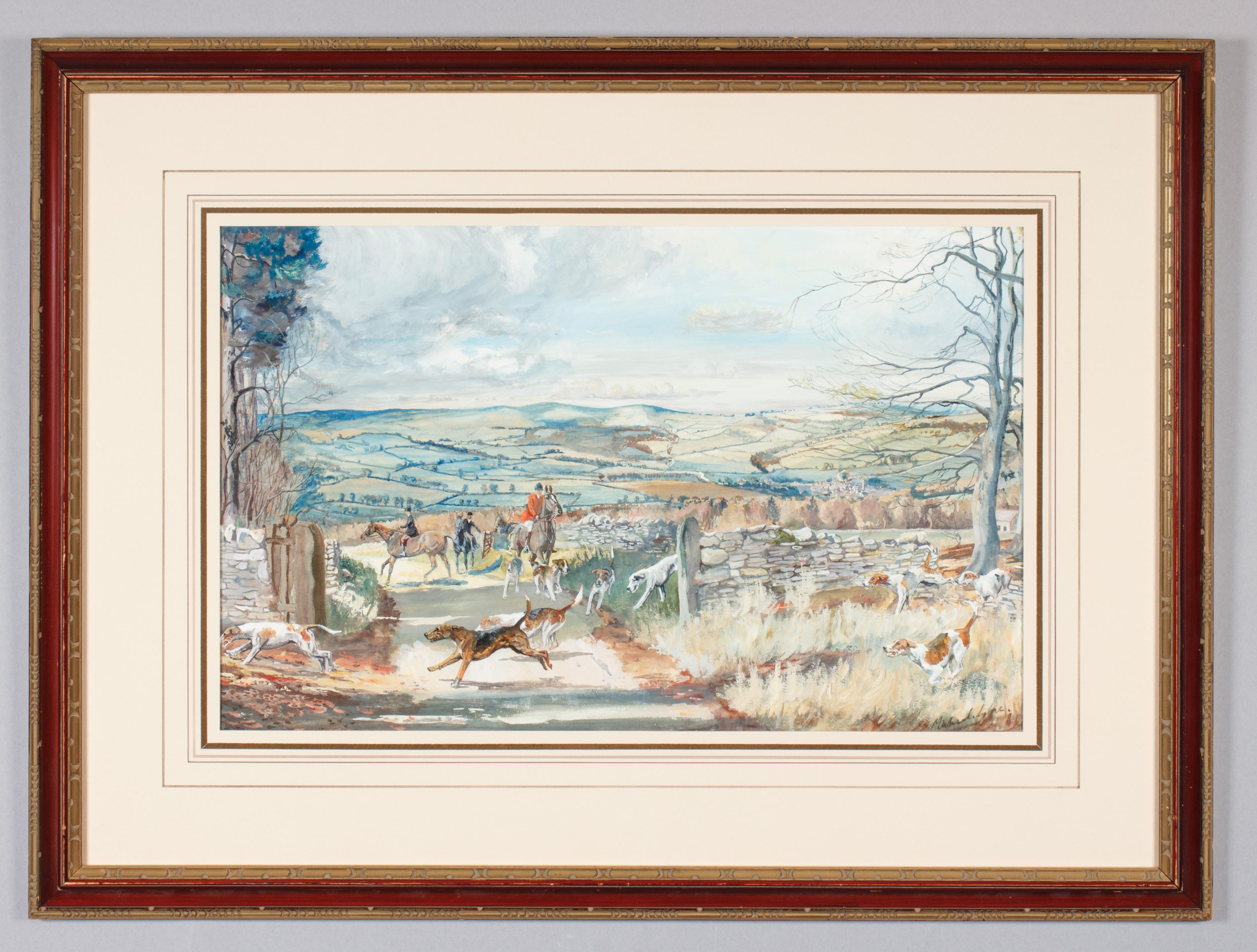 Michael Lyne
(English, 1912-1989)
North Cotswold Hounds on Sudeley Hill, 1934
Gouache on paper, 11 3/4 x 18 1/2 inches
Signed and dated at lower right: "Michael Lyne/34"
Inscribed in pencil at lower left: "C. Michael Lyne"; at lower right: "The